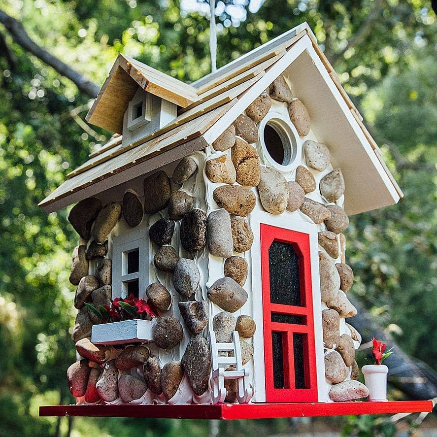 Handcrafted Stone Cottage Bird House - Natural Wooden Birdhouse for Garden, Patio & Outdoor Decor - Attracts Wild Birds - Perfect for Backyard, Lawn & Nature Lovers