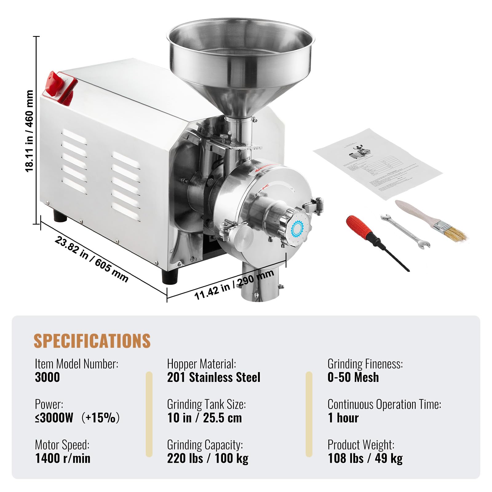 VEVOR 3000W Commercial Soybean Grinder - Stainless Steel Corn Mill Machine for Spices, Peanuts, Grains (100 KG/H) - Perfect for Restaurants, Bakeries & Home Flour Milling