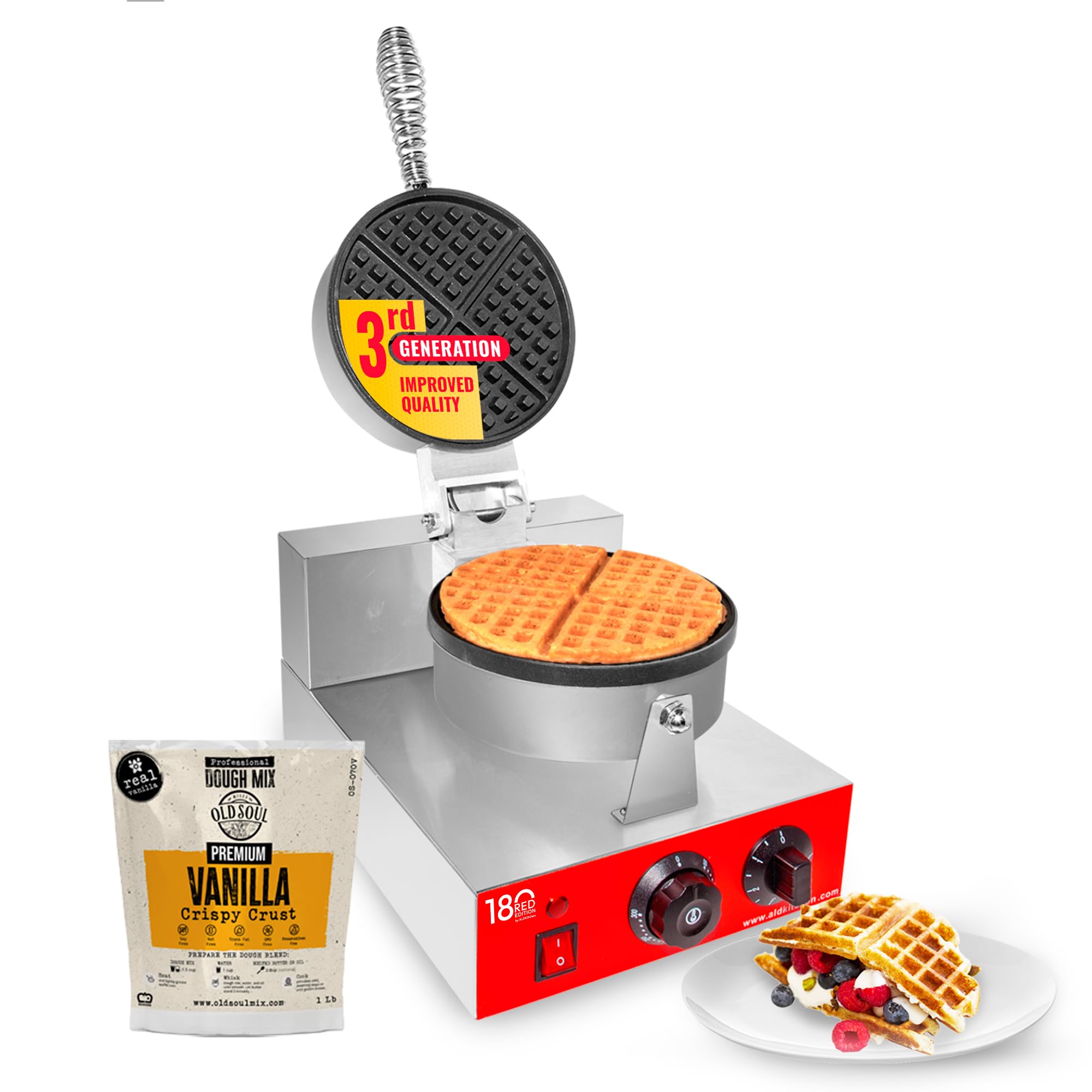ALDKitchen Belgian Waffle Maker - Thick Waffle Iron with Nonstick Coating & Red Panel - 110V Commercial Waffle Machine for Restaurants, Cafes & Home Breakfast (Non-Rotating)