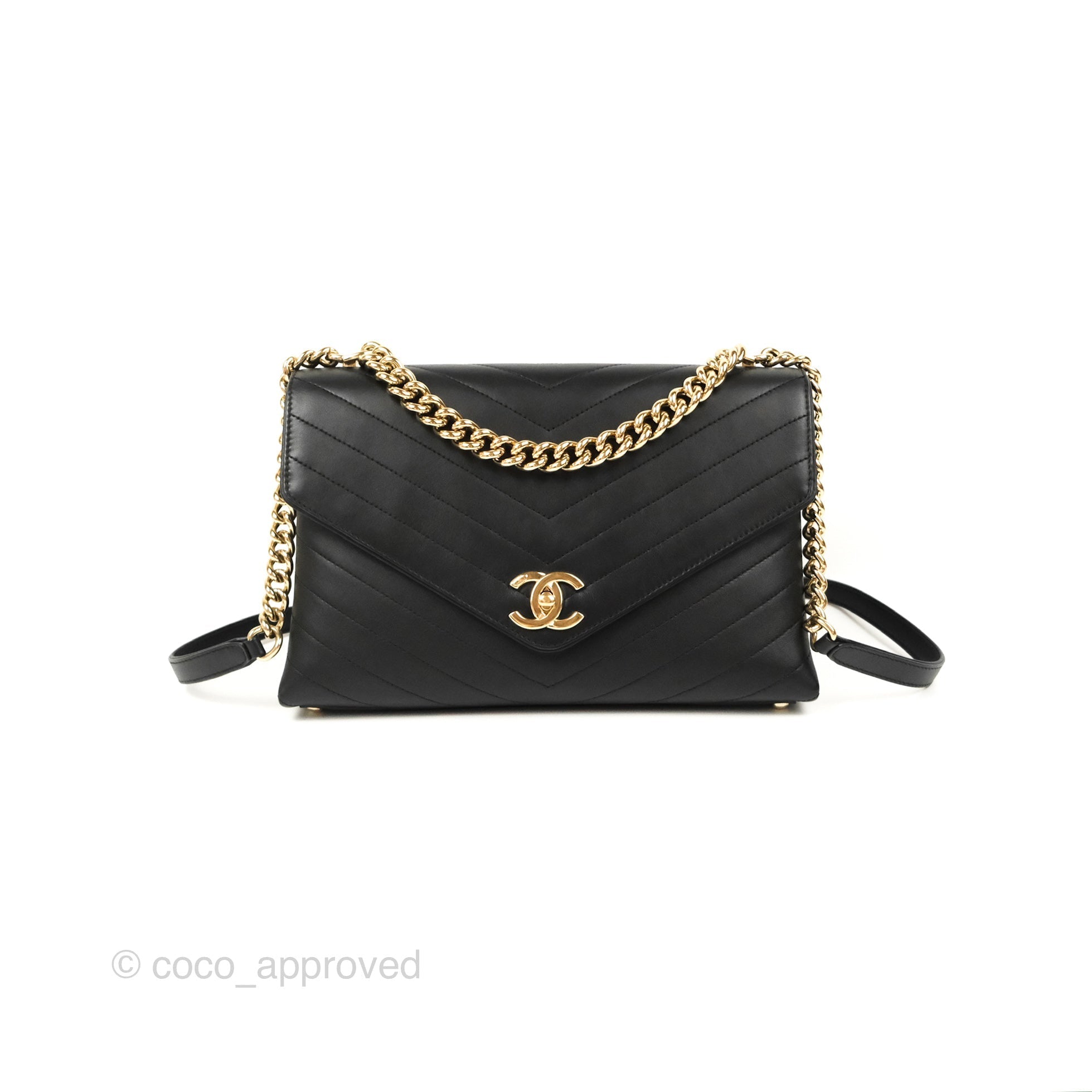Chanel Chevron Stitched Coco Flap Bag in Black Calfskin with Gold Hardware - Luxury Crossbody Purse for Women, Perfect for Evening Events & Date Nights