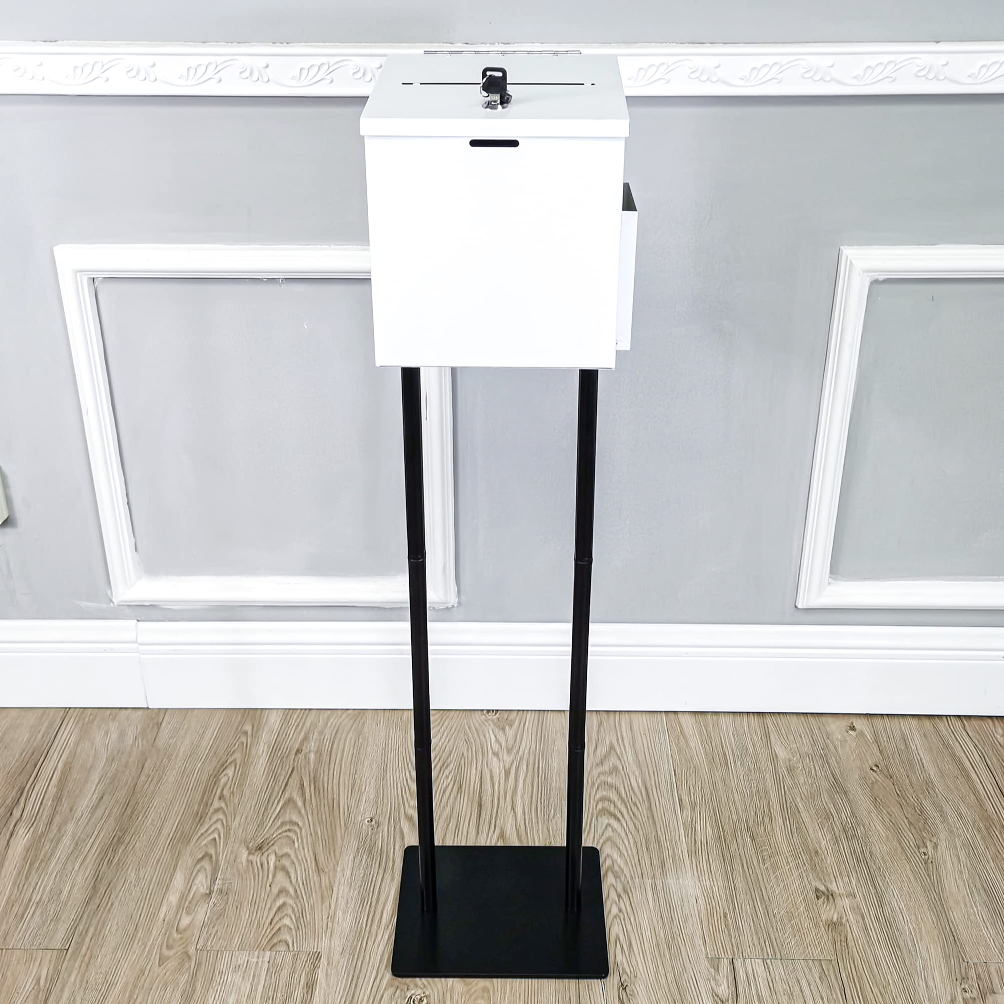 FixtureDisplays® White Metal Ballot Box with Black Stand - Secure Voting, Donation & Suggestion Collection Box for Elections, Fundraisers, Events & Office Use (Model 11064+10918-WHITE)