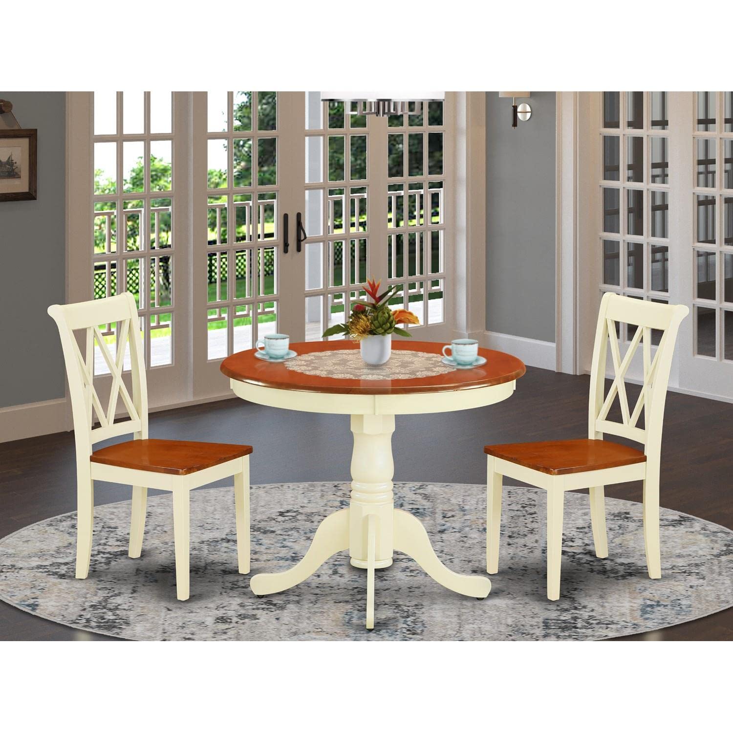 East West Furniture ANCL3-BMK-W 3-Piece Round Dining Table Set with Pedestal Base & 2 Chairs, 36x36 Inches, Buttermilk & Cherry - Perfect for Small Spaces, Apartments, Breakfast Nooks & Cozy Kitchens