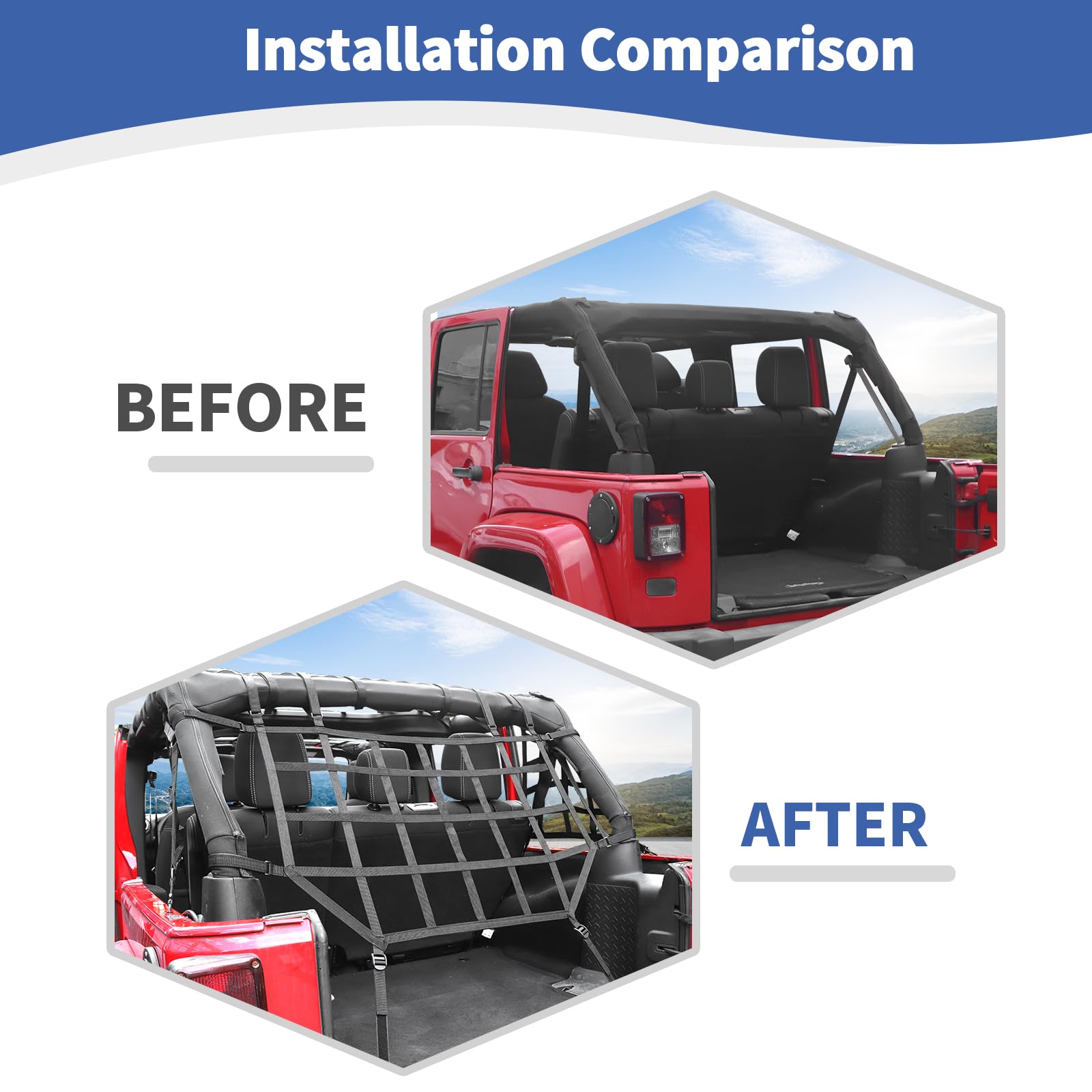 Jeep Wrangler JKU Cargo Net - Heavy Duty Black Rear Storage Restraint System for 2007-2017 4-Door Models (3-Piece Set) | Perfect for Off-Road Adventures, Camping Gear Organization & Vehicle Storage Solutions