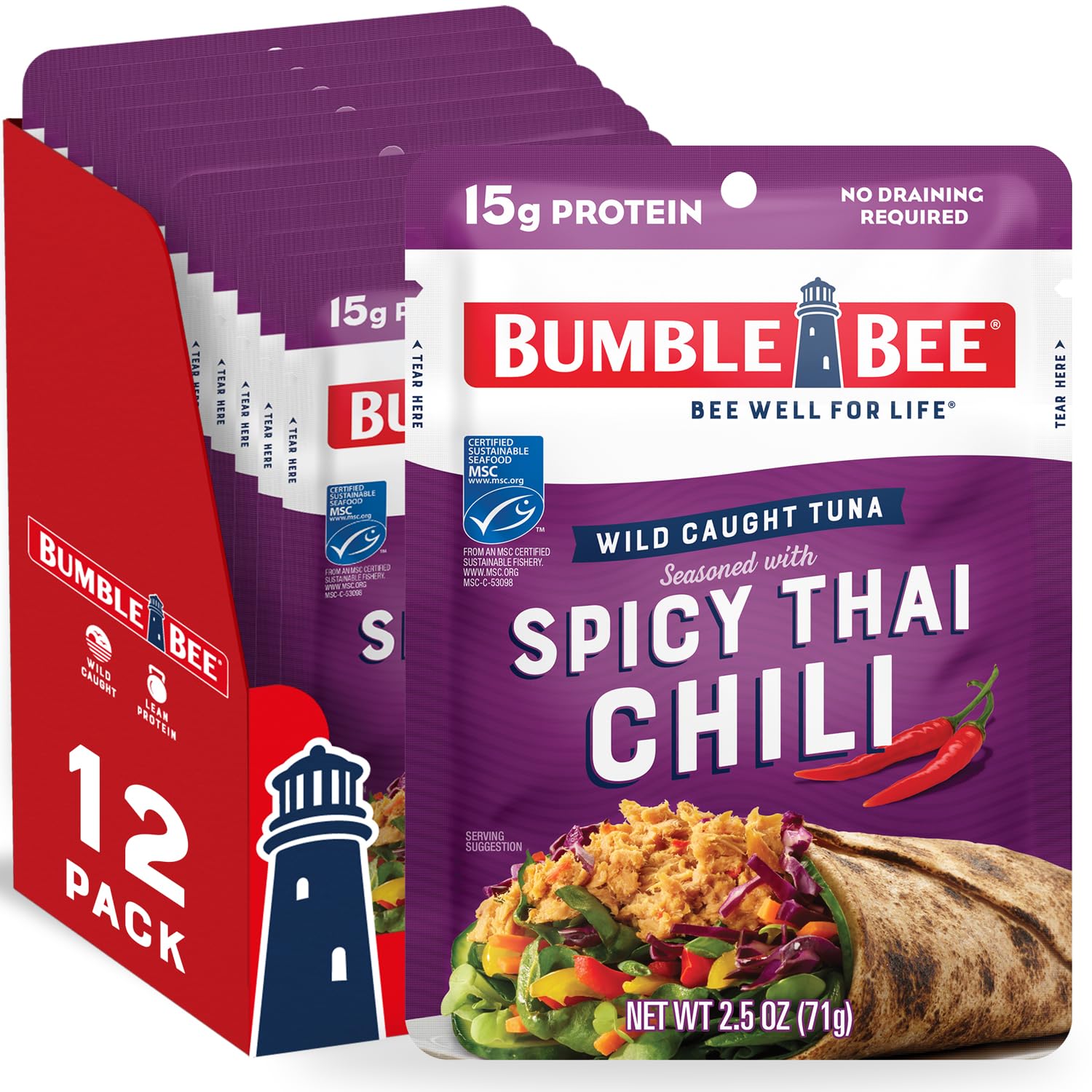 Bumble Bee Spicy Thai Chili Seasoned Tuna, 2.5 oz Pouches (Pack of 12) - Ready to Eat Wild Caught Tuna - High Protein 15g per Serving - Gluten Free & Non-GMO - Perfect for Lunches, Camping & Emergency Food Kits