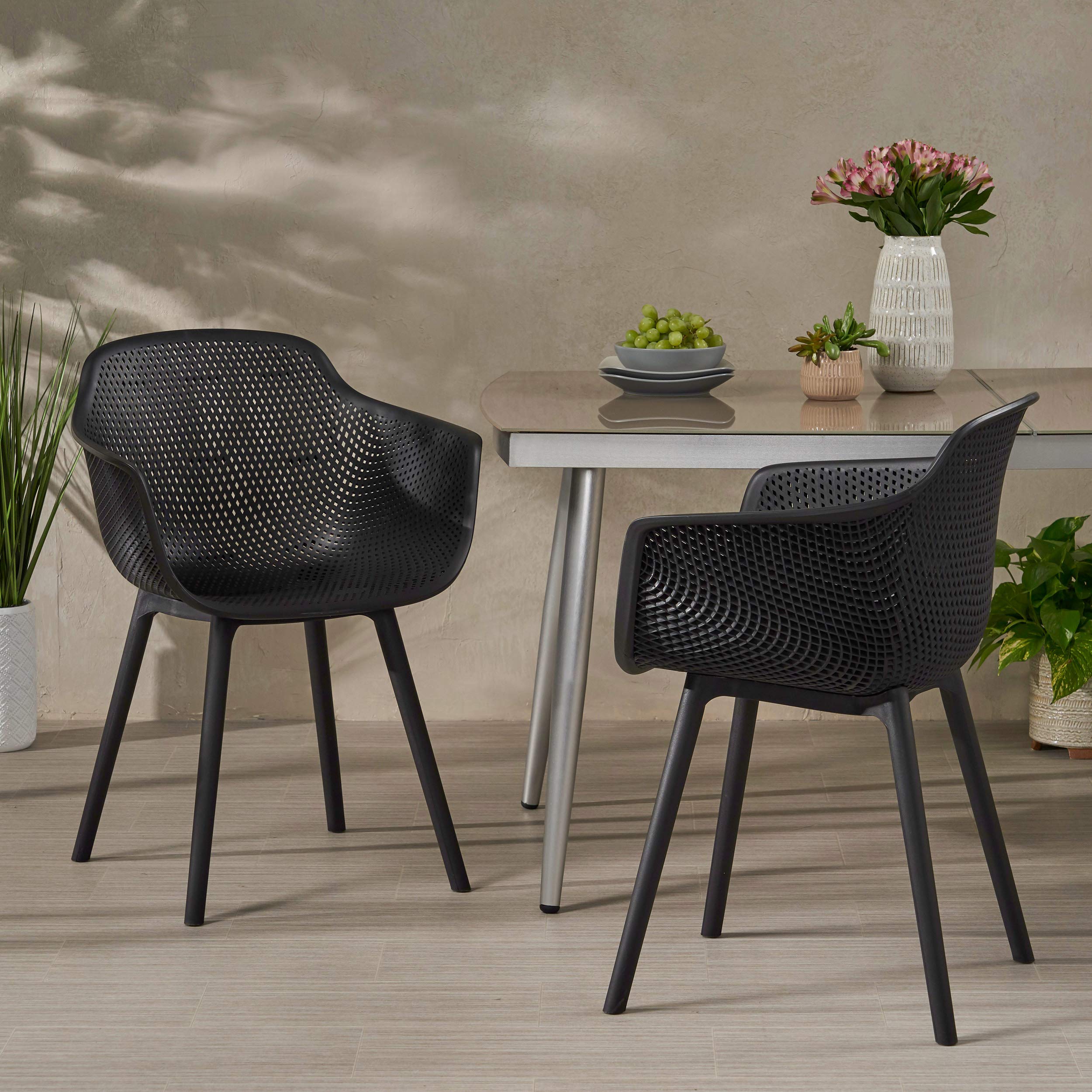 Christopher Knight Home Davina Outdoor Dining Chair Set of 2 - Weather-Resistant Polypropylene Patio Chairs in Black - Perfect for Backyard, Garden, and Poolside Dining