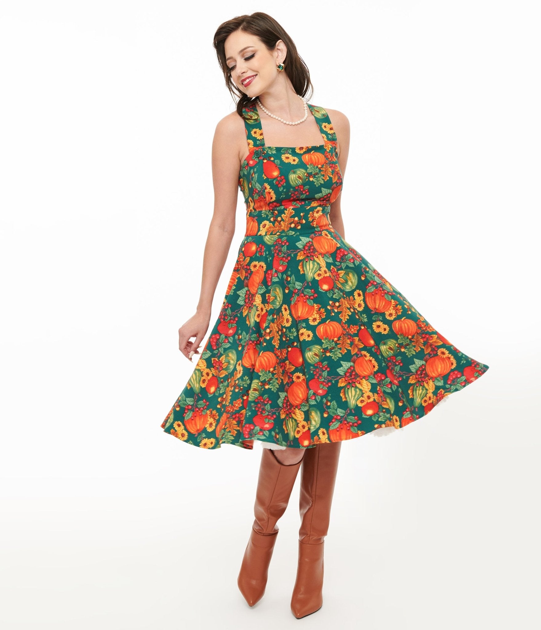 Vintage 1950s Hell Bunny Green & Orange Leaf Print Pinafore Swing Dress - Retro Rockabilly Style for Women - Perfect for Parties, Dances & Pin-Up Fashion