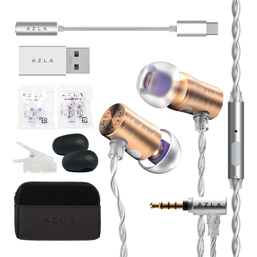 AZLA AZEL Edition G Gen 2 Wired in-Ear Earbuds with Microphone - 3.5mm Gaming Headphones with Durable Cable, Includes USB-C to 3.5mm Adapter & USB-A to USB-C Converter (Gold) - Perfect for PC Gaming, Mobile Gaming, and Online Meetings