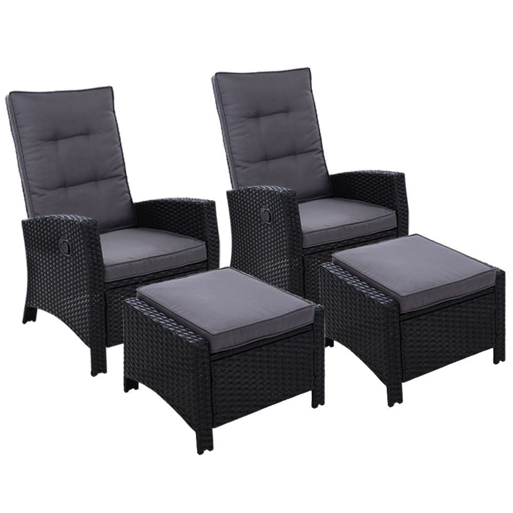 2-Piece Sun Lounger Recliner Chair Set - Wicker Patio Sofa Daybed with Cushion & Ottoman - Outdoor Garden Furniture for Poolside, Backyard Relaxation & Beach Lounging