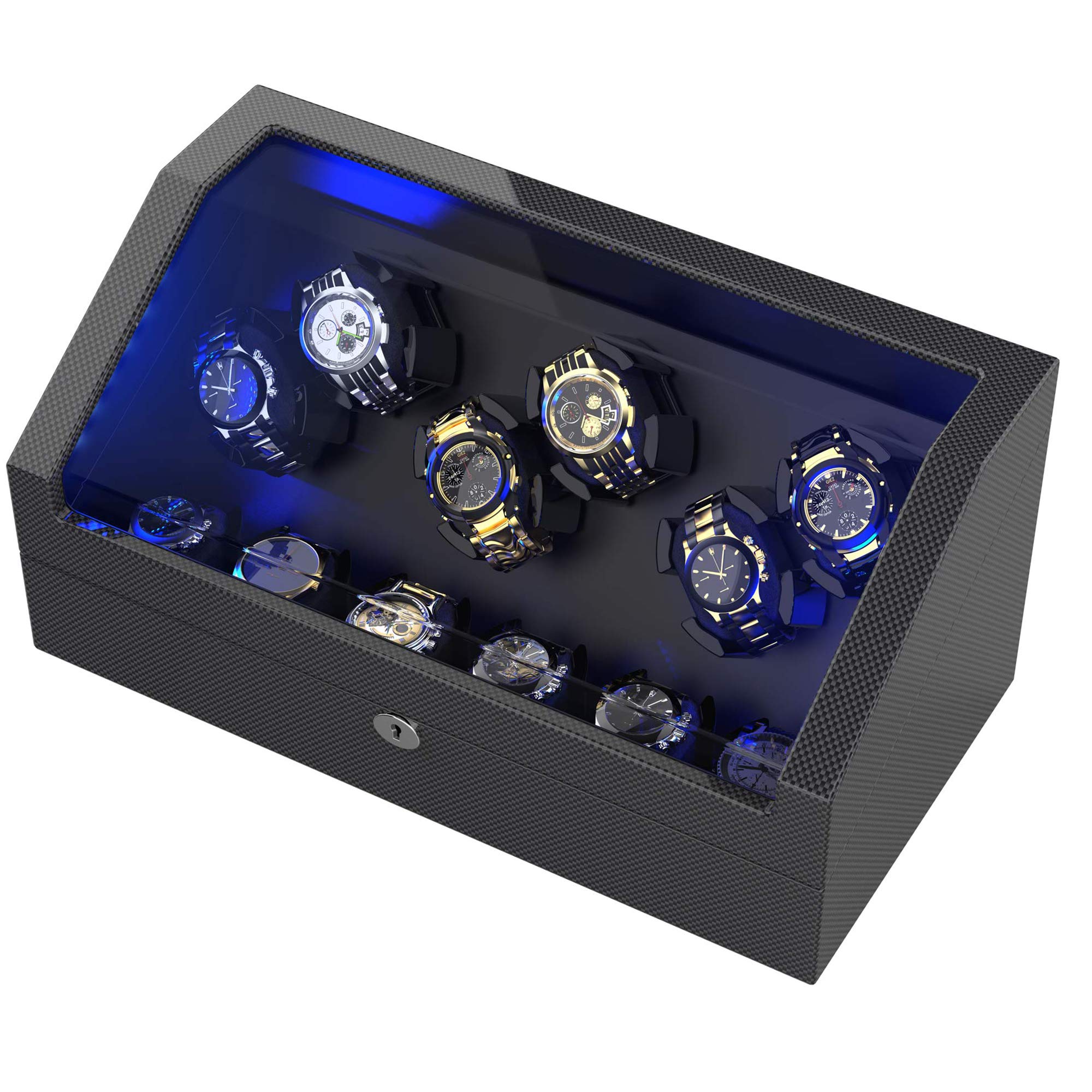 Premium 12 Automatic Watch Winder with Carbon Fiber Shell - Adjustable Watch Pillows, LED Lighting & 6 Extra Storage Slots | Perfect for Watch Collectors, Display Cases & Luxury Home Decor