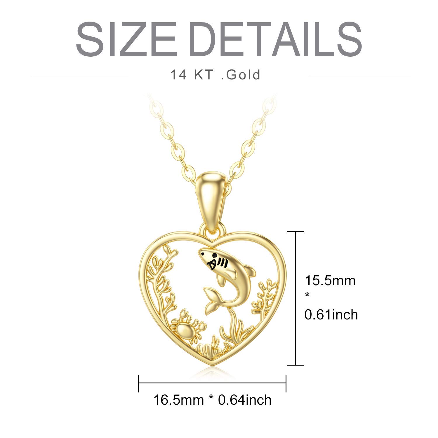 14K Yellow Gold Heart Necklace for Women - Elegant Shark & Horse Pendant Jewelry - Perfect Gift for Mother, Wife, Daughter - 16