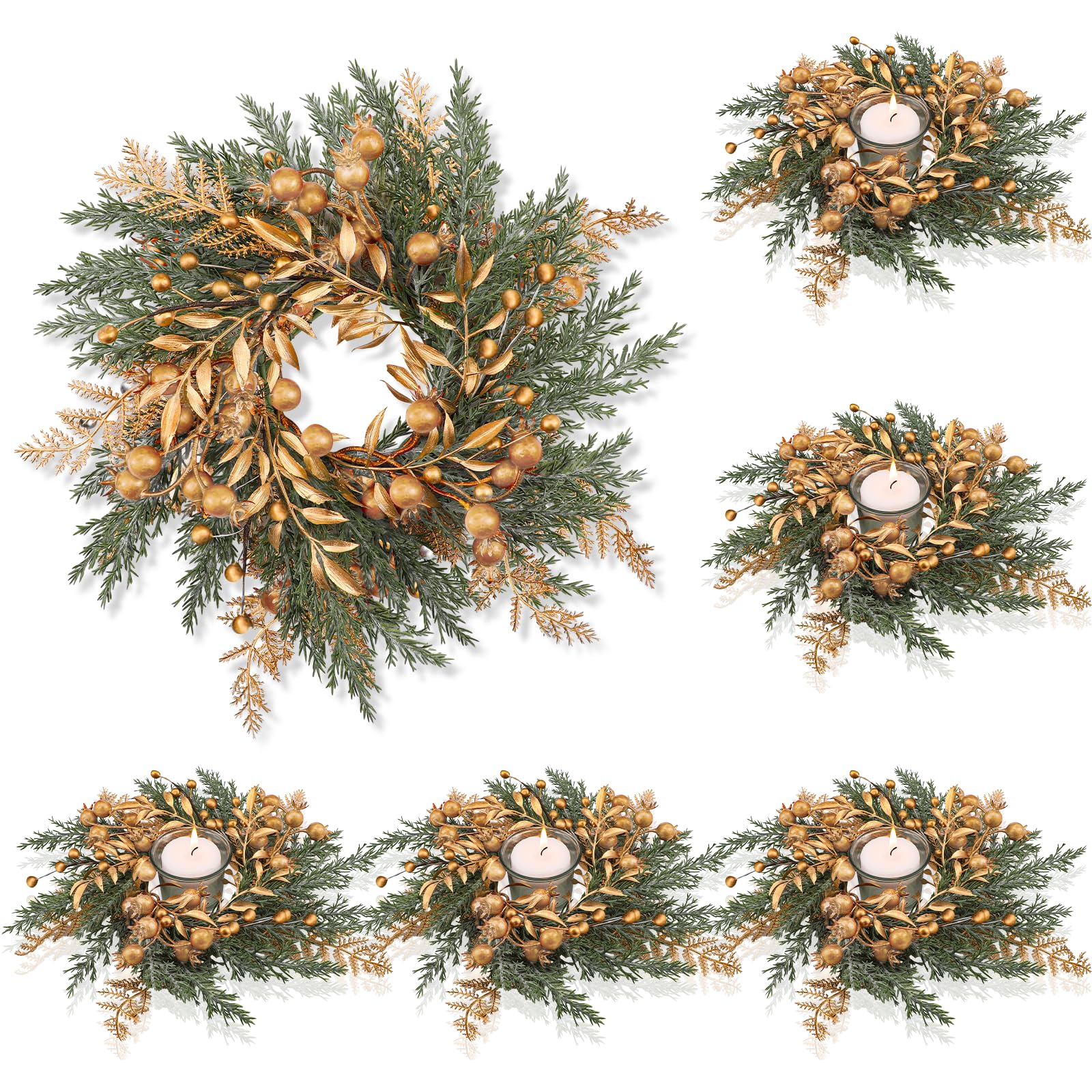Christmas Candle Rings Wreaths - 6 Pack Artificial Berry Garland Pillar Candle Rings for Table Centerpiece, Kitchen Cabinet Decor, Holiday Home Decor - Perfect for Christmas Dinner, Mantel Decorations and Festive Party Decor