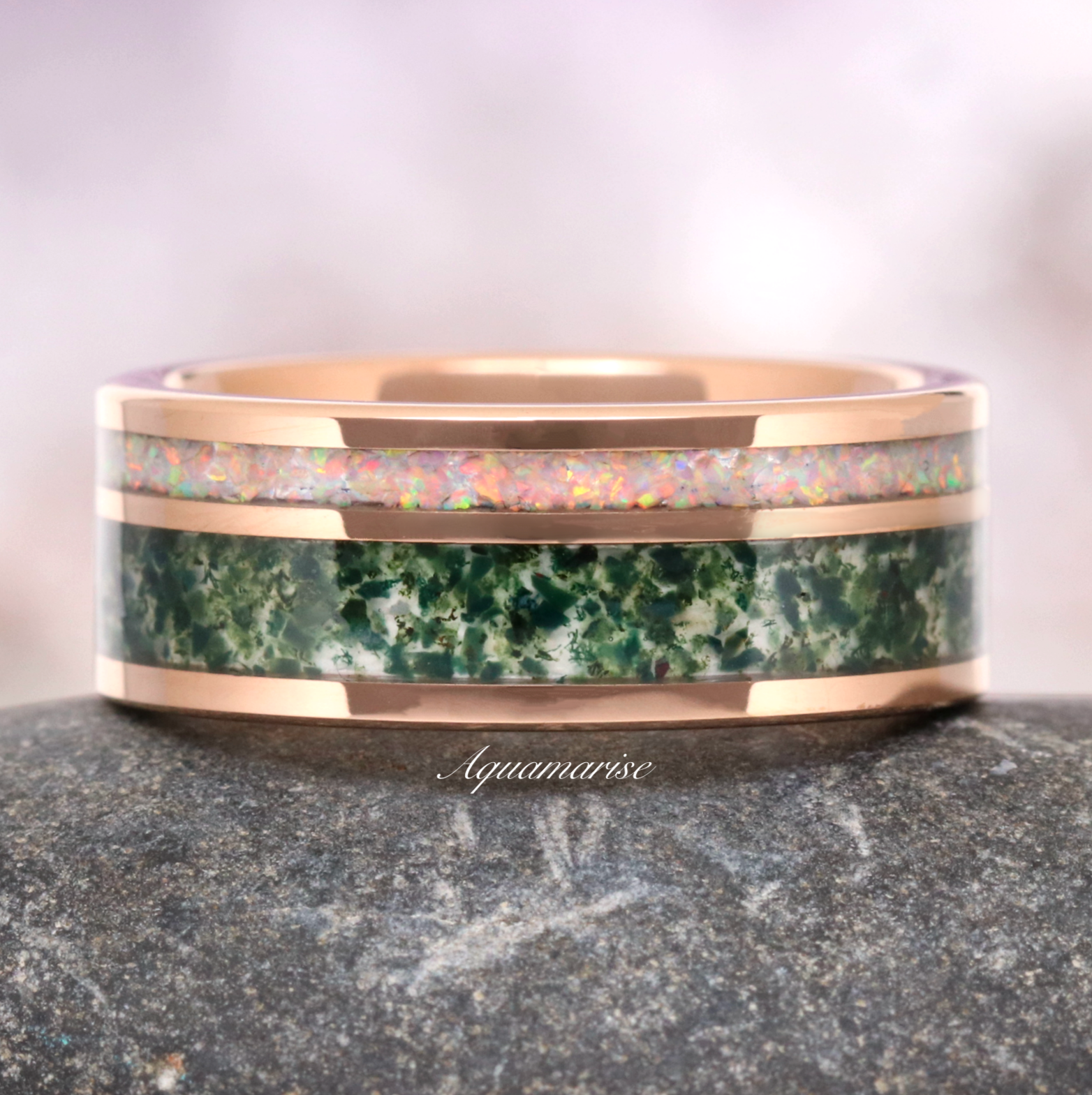 Moss Agate & Fire Opal Wedding Band - 8MM Rose Gold Tungsten Ring for Men & Women - Elegant Handmade Jewelry for Engagement, Anniversary, and Special Occasions