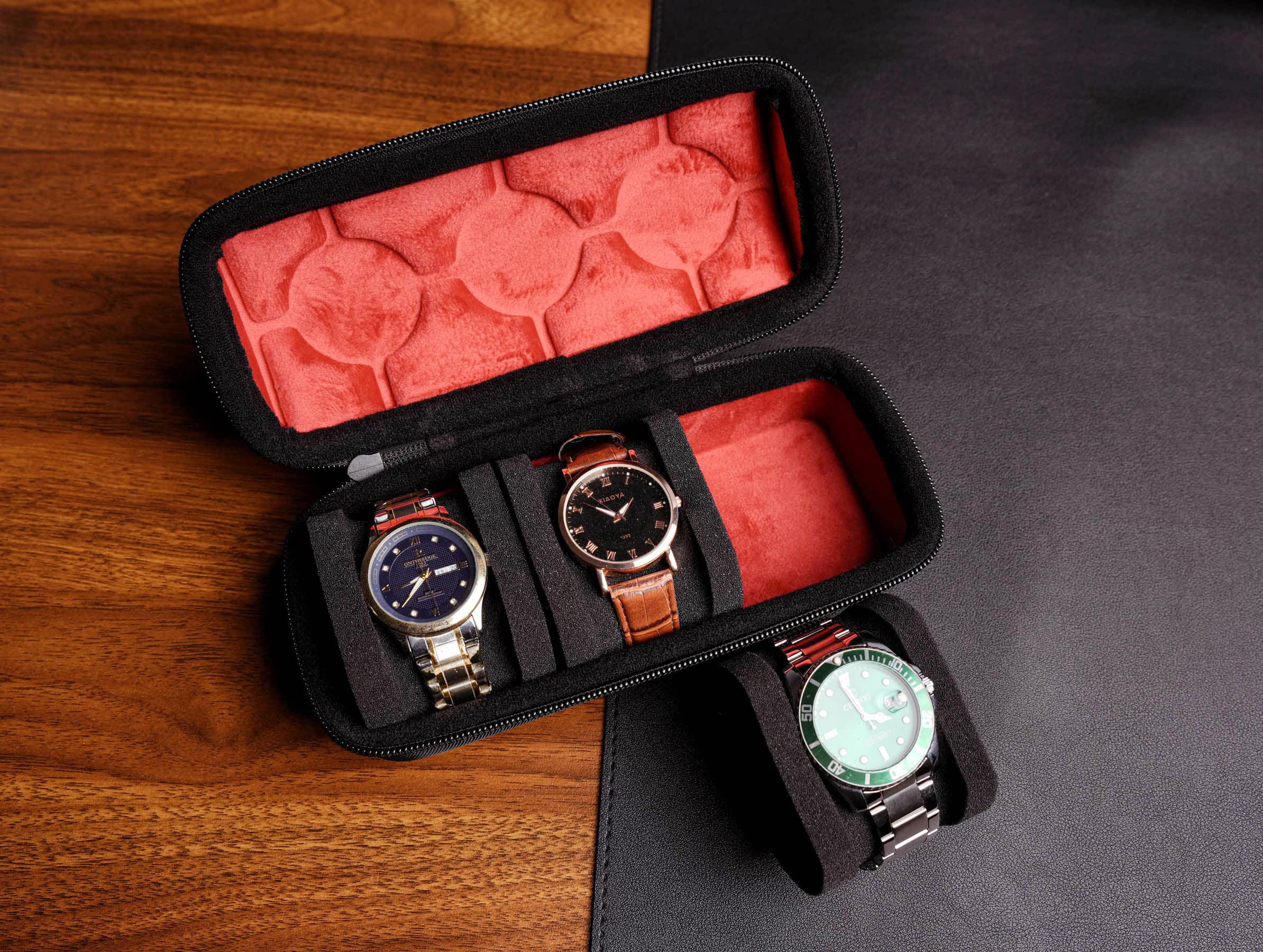 3-Slot Leather Watch Travel Case - Hard Watch Roll Organizer with Form-Fitting Pillow & Red Microfiber Lining - Fits Large & Small Watches - Perfect for Travel, Home & Business Trips - Ideal Gift for Watch Collectors