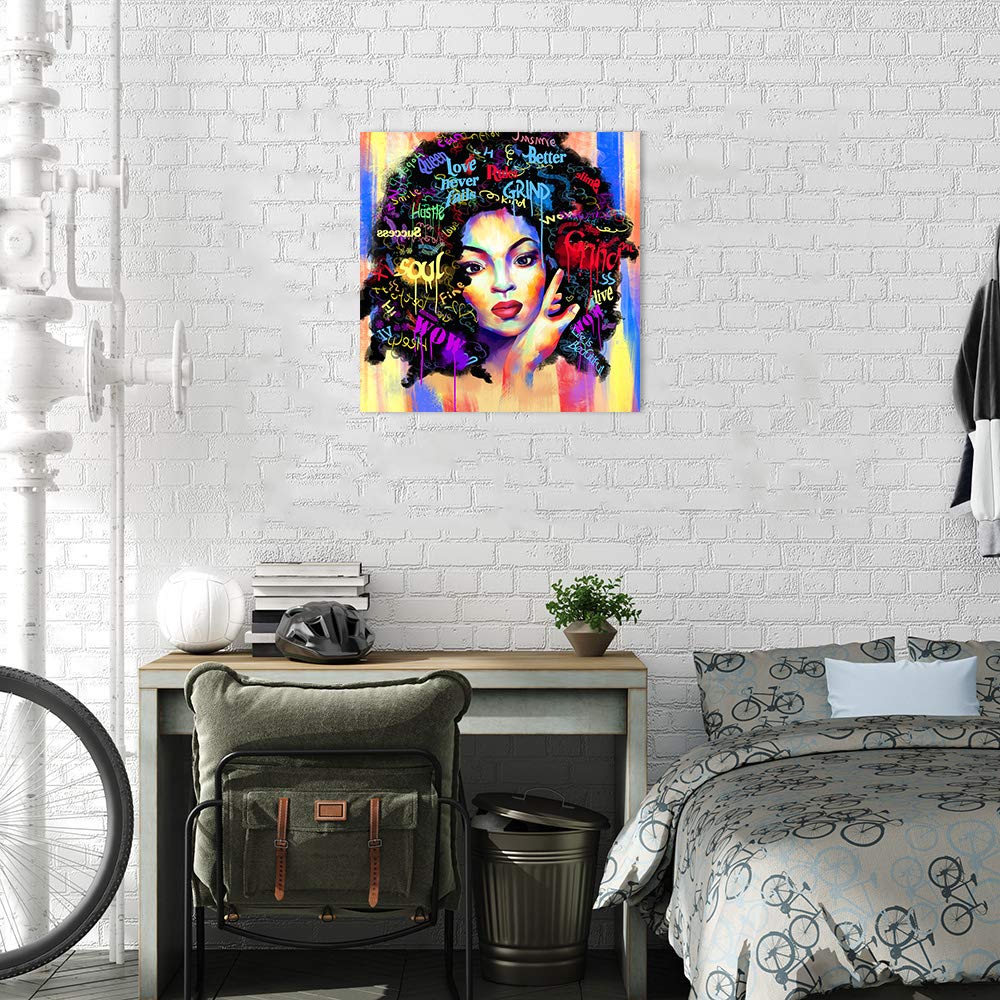 African American Wall Art - Black Girl Abstract Canvas Painting, Afro Woman Art Print Framed Ready to Hang for Living Room & Bedroom Decor