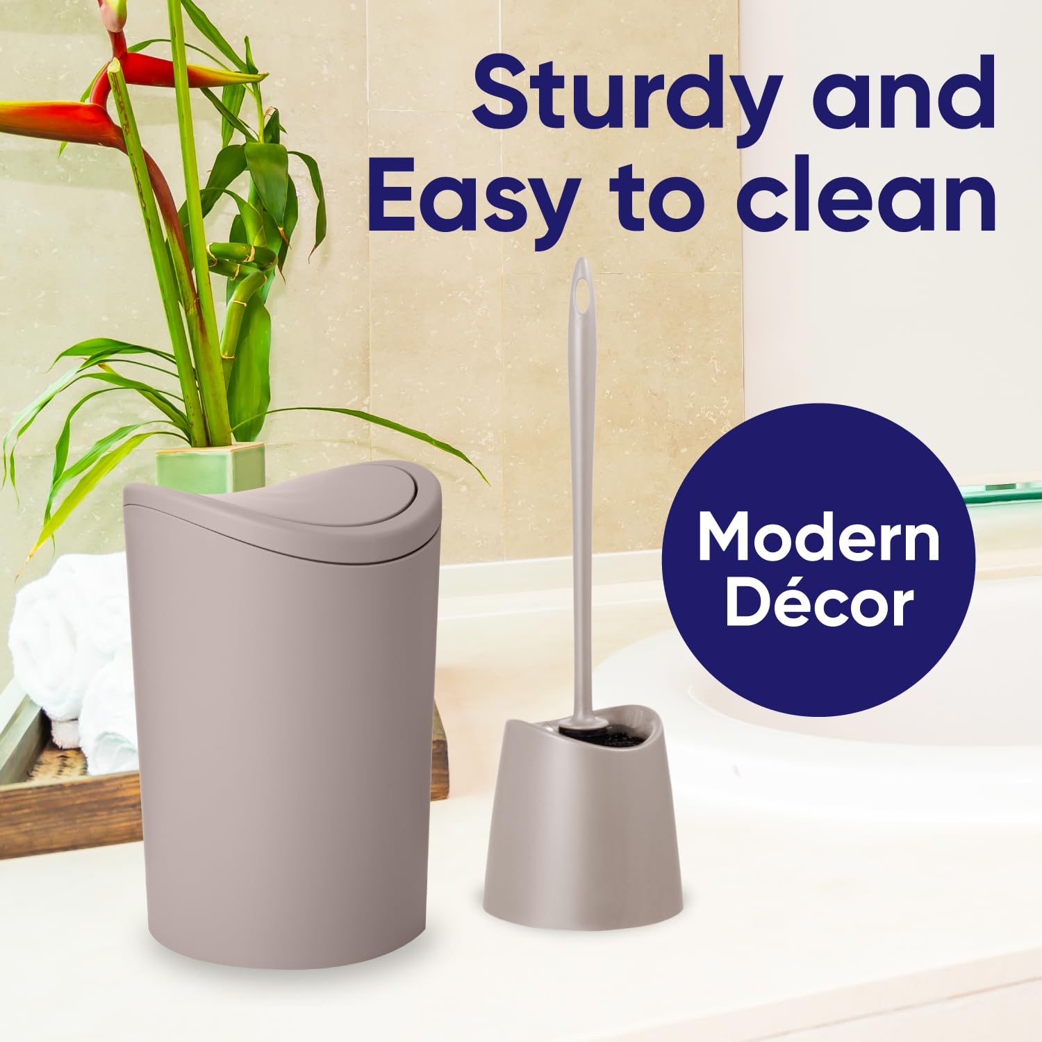 Premium 6L Modern Bathroom Trash Can with Swing Lid & Toilet Brush Set - Taupe Plastic Waste Basket & Bowl Cleaner | Bathroom Accessories for Home, Apartment & Office Use