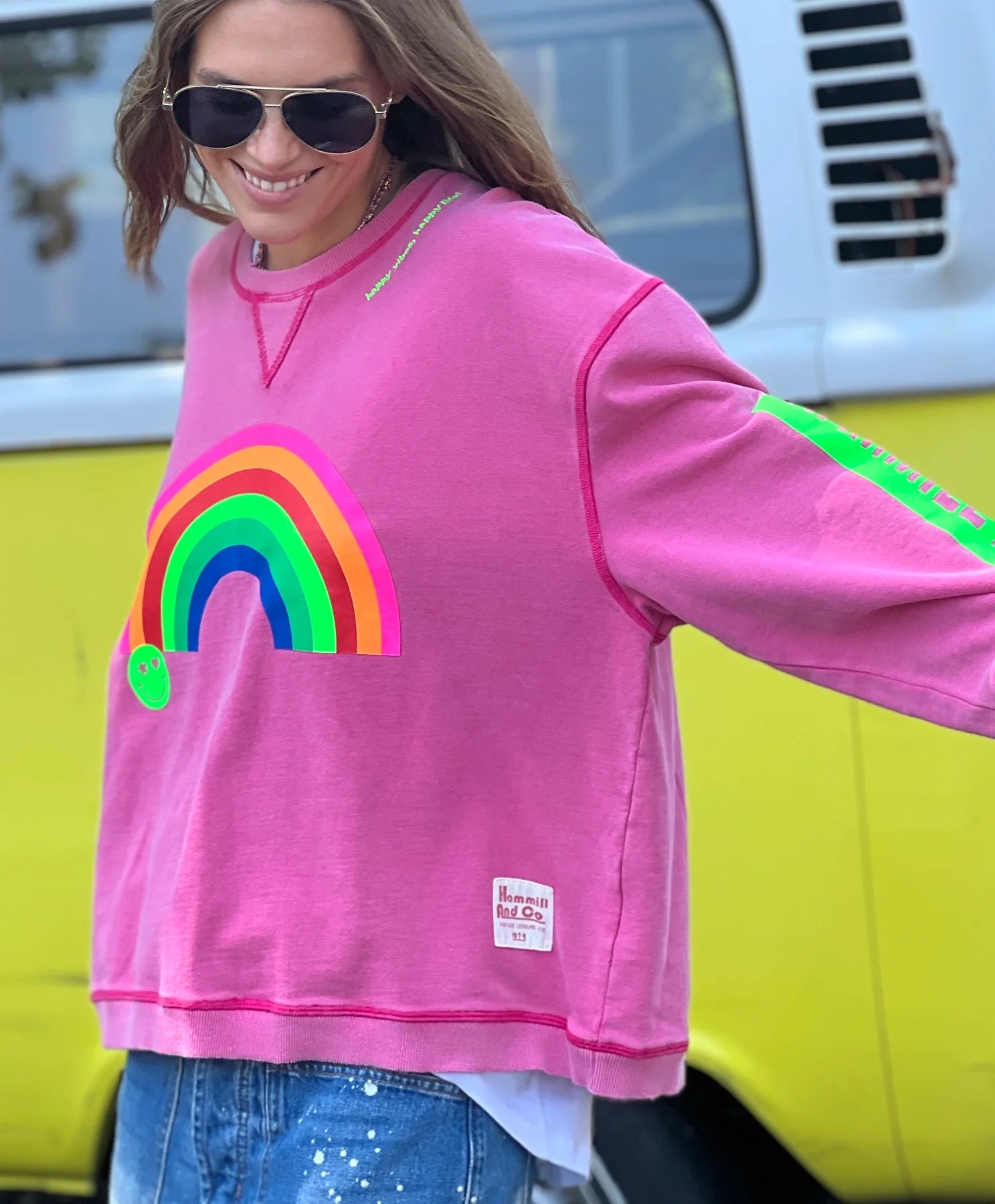Vintage Rainbow Sweater for Women - Soft Washed Pink Cotton Pullover | Perfect for Casual Outfits, Fall Layering & Cozy Winter Wear