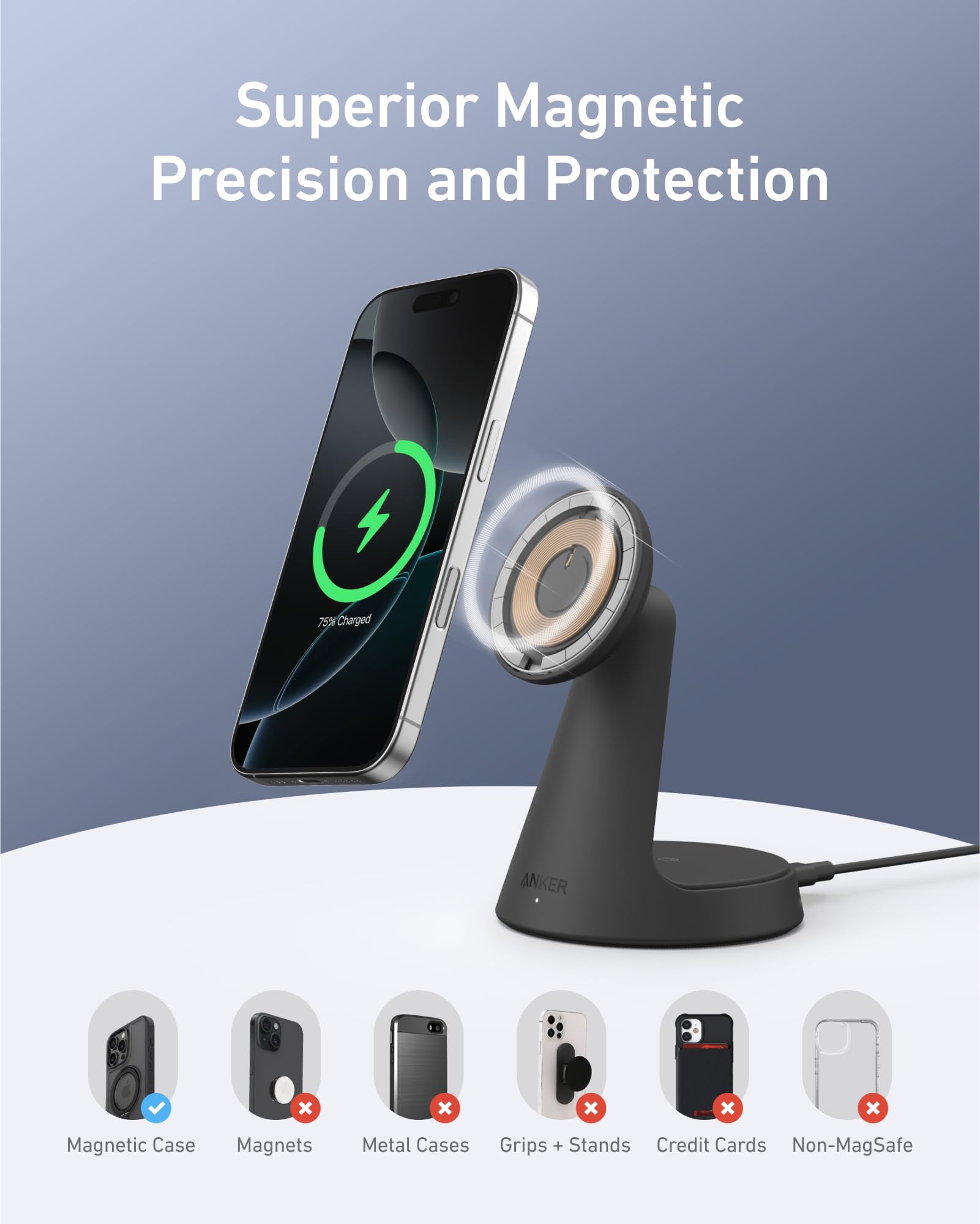 Anker MagSafe Compatible 2-in-1 Wireless Charging Stand - Qi2 Certified 15W Fast Charger for iPhone 16/15/14/13/12 Series & AirPods | Adjustable Angle, Strong Magnetic Hold | Perfect for Bedside, Office Desk & Travel (Wall Charger Not Included)