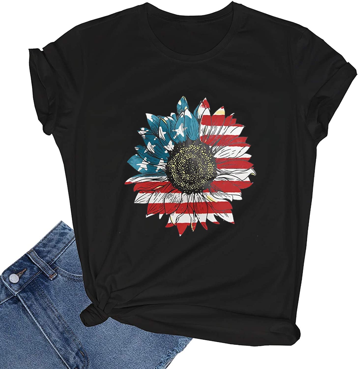 Women's Sunflower Graphic American Flag Print Short Sleeve T-Shirt - Summer Casual Tee for Outdoor Activities, Festivals & Patriotic Events