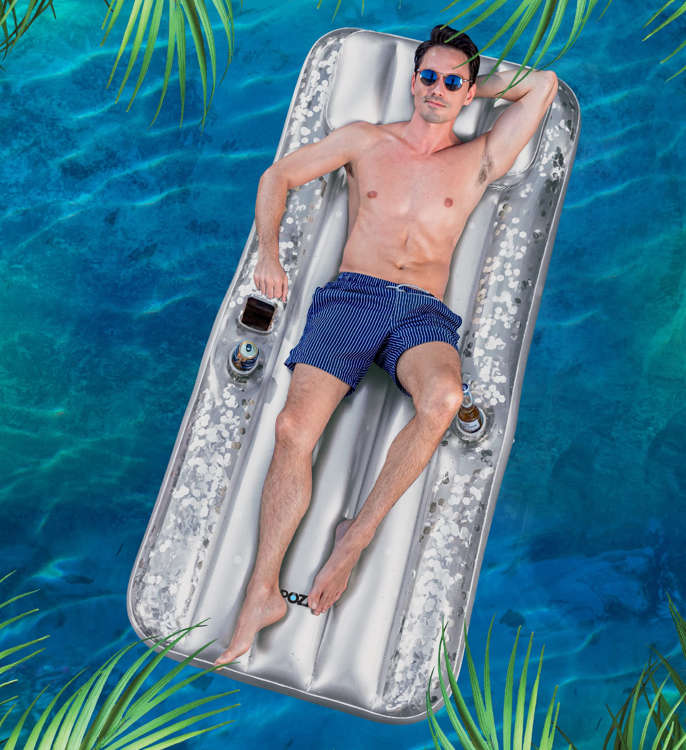 POZA Inflatable Giant Pool Mattress - Premium Thick Air Mat with Built-in Headrest, Phone Holder & Cup Holders - 76x32 Inches - Sparkle Confetti Luxury Pool Float for Adults - Perfect for Summer Relaxation, Pool Parties & Beach Lounging