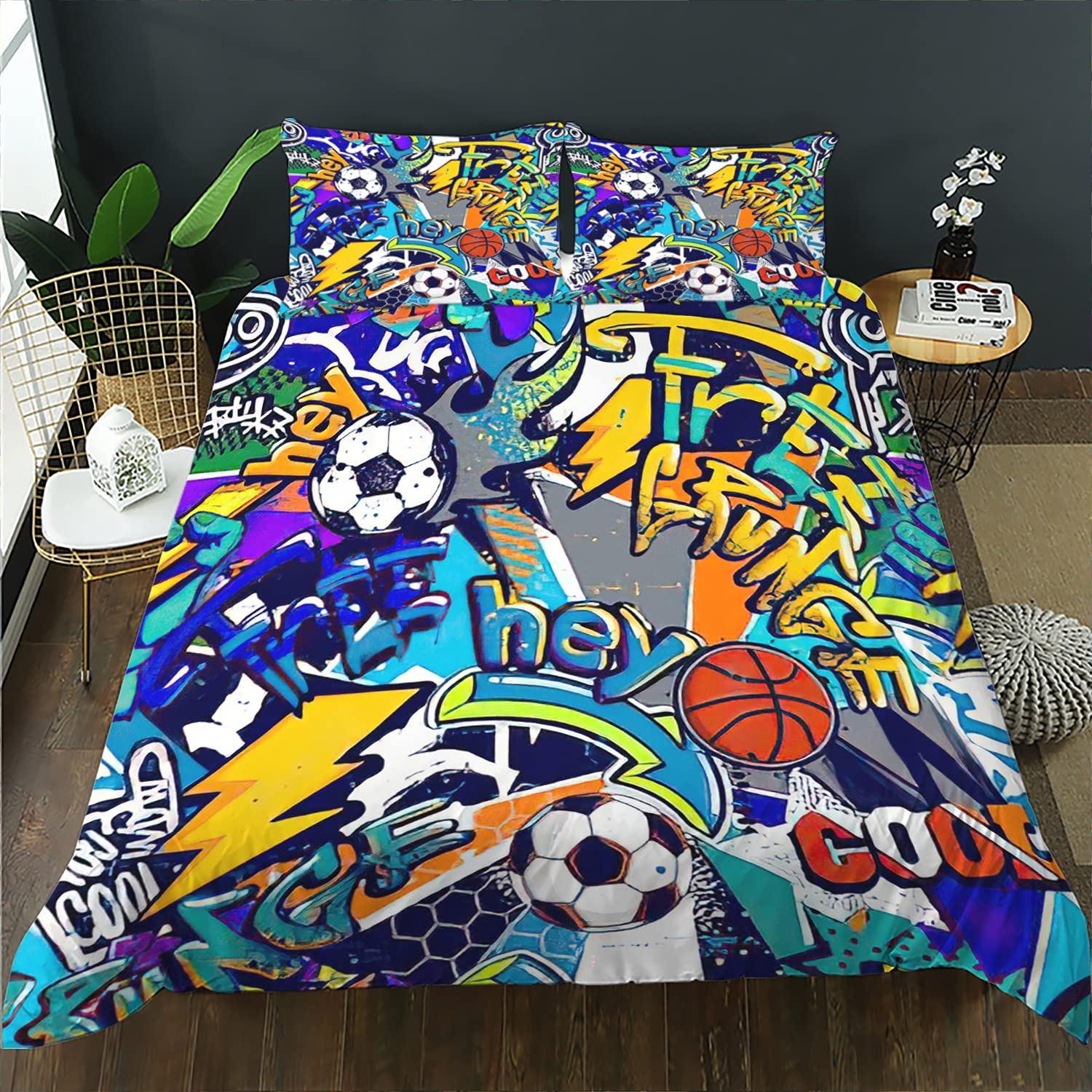AILONEN Football & Basketball Bedding Set for Teen Boys - Sport Themed Duvet Cover, Twin Size Comforter Cover with 2 Pillowcases (3-Piece Set) - Perfect for Sports Lovers' Bedroom Decor & Game Day Sleepovers