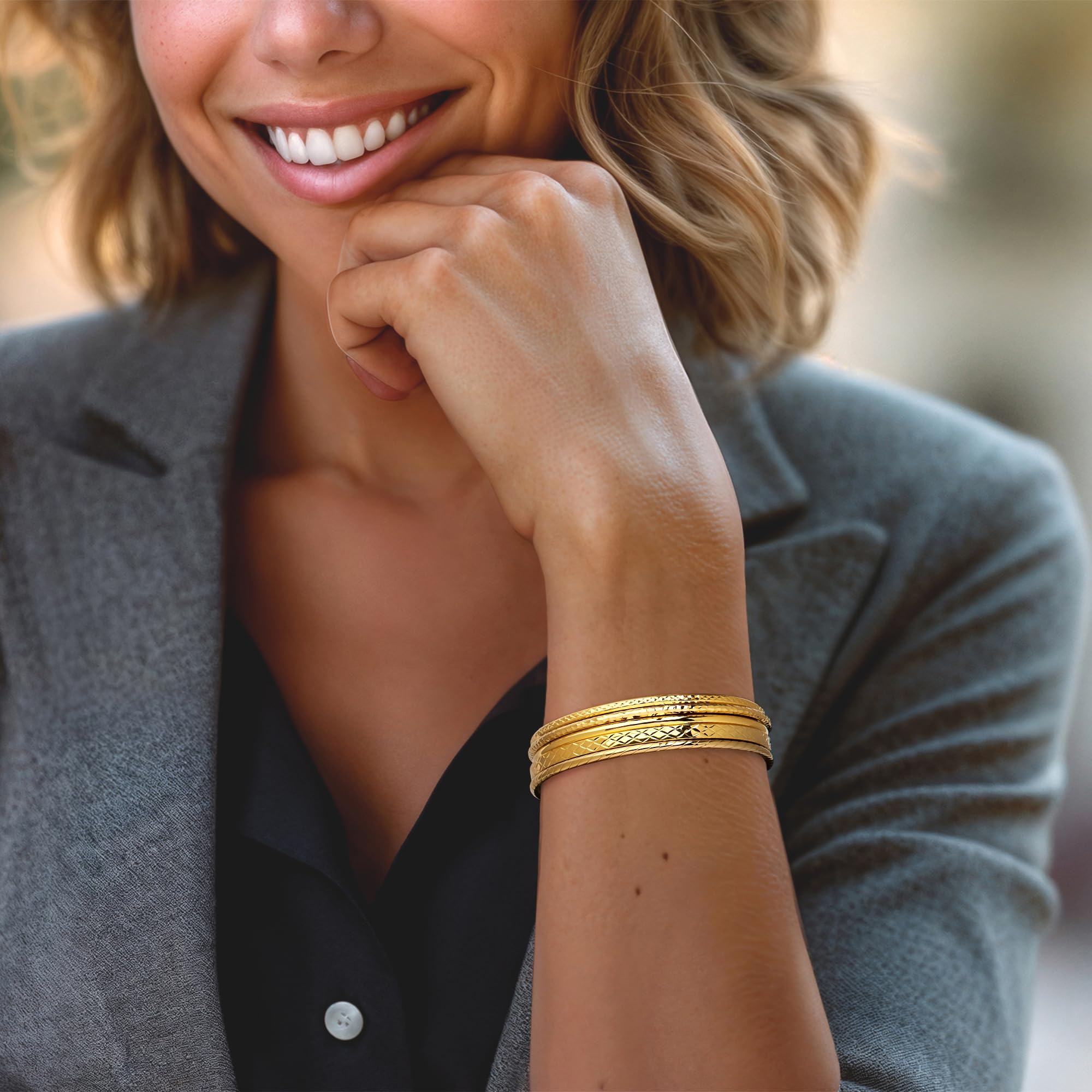 Ross-Simons 18kt Gold Over Sterling Silver Jewelry Set - 5 Piece Textured Bangle Bracelets for Women, Elegant Stackable Bangles for Everyday Wear & Special Occasions