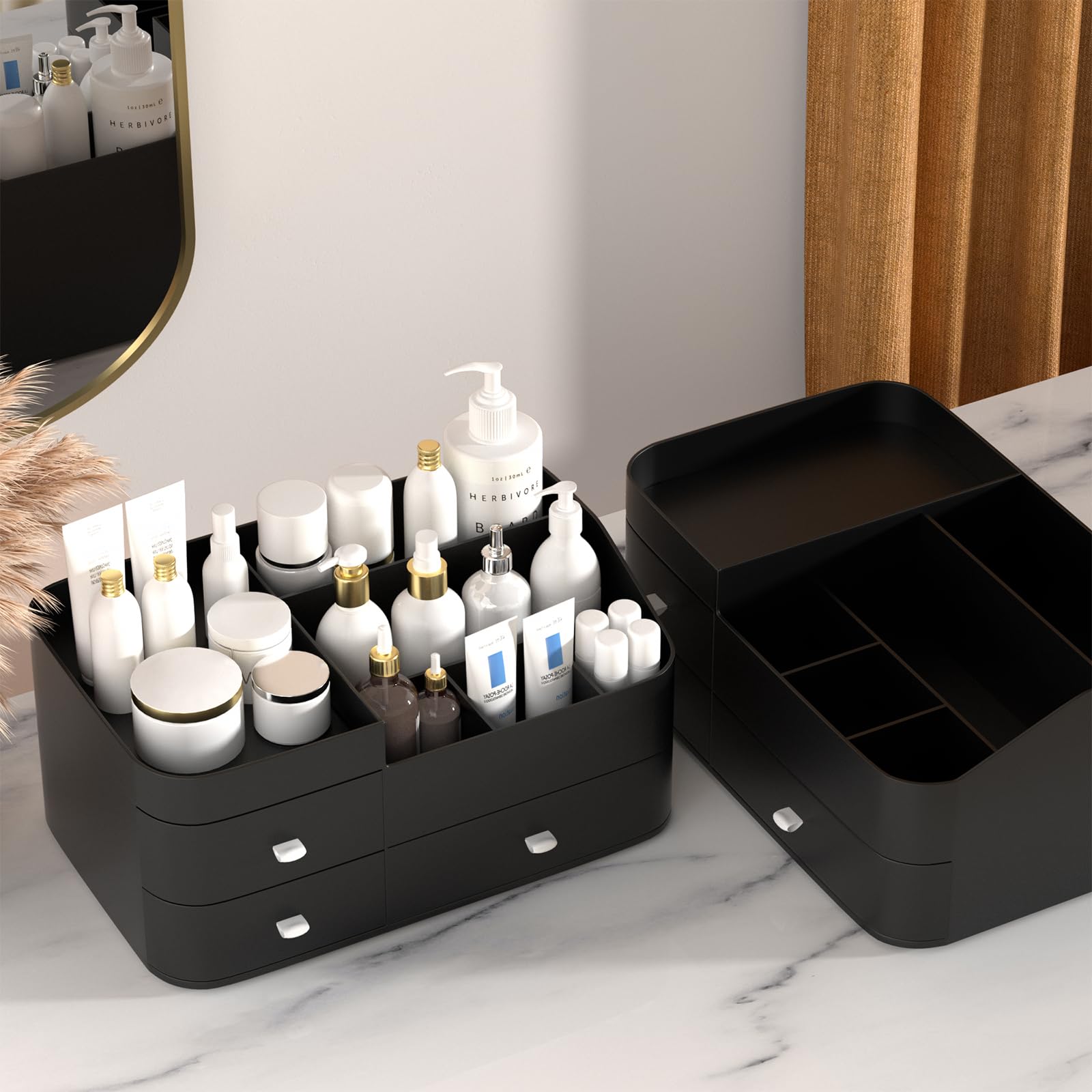 Large Capacity Makeup Organizer with Drawers - Vanity Cosmetic Storage for Lipsticks, Jewelry, Nail Care & Skincare | Black Desk Organizer for Bedroom & Bathroom Countertops | Perfect for Daily Beauty Routine & Travel Organization