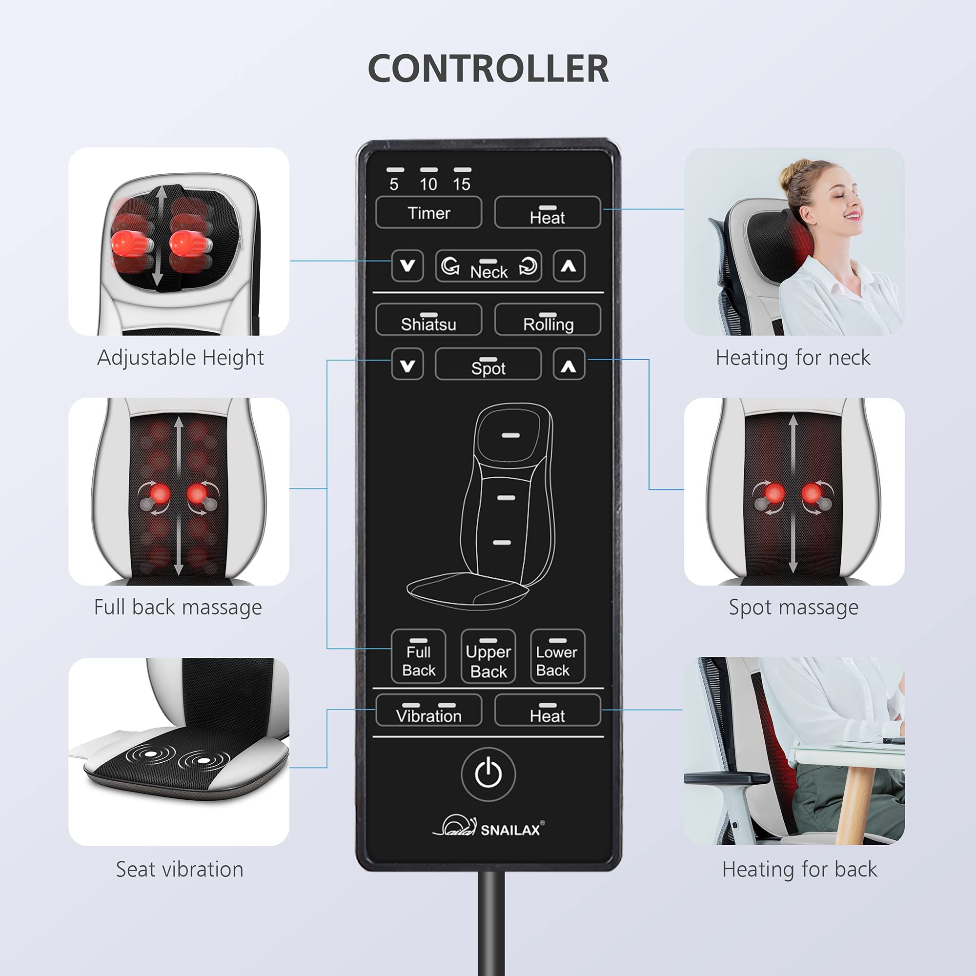 Snailax Shiatsu Neck and Back Massager with Heat - Kneading Rolling Massage Cushion for Back Pain Relief, Full Body Massage Chair Pad - Perfect for Office, Home & Car Use - Great Gift Idea for Men & Women