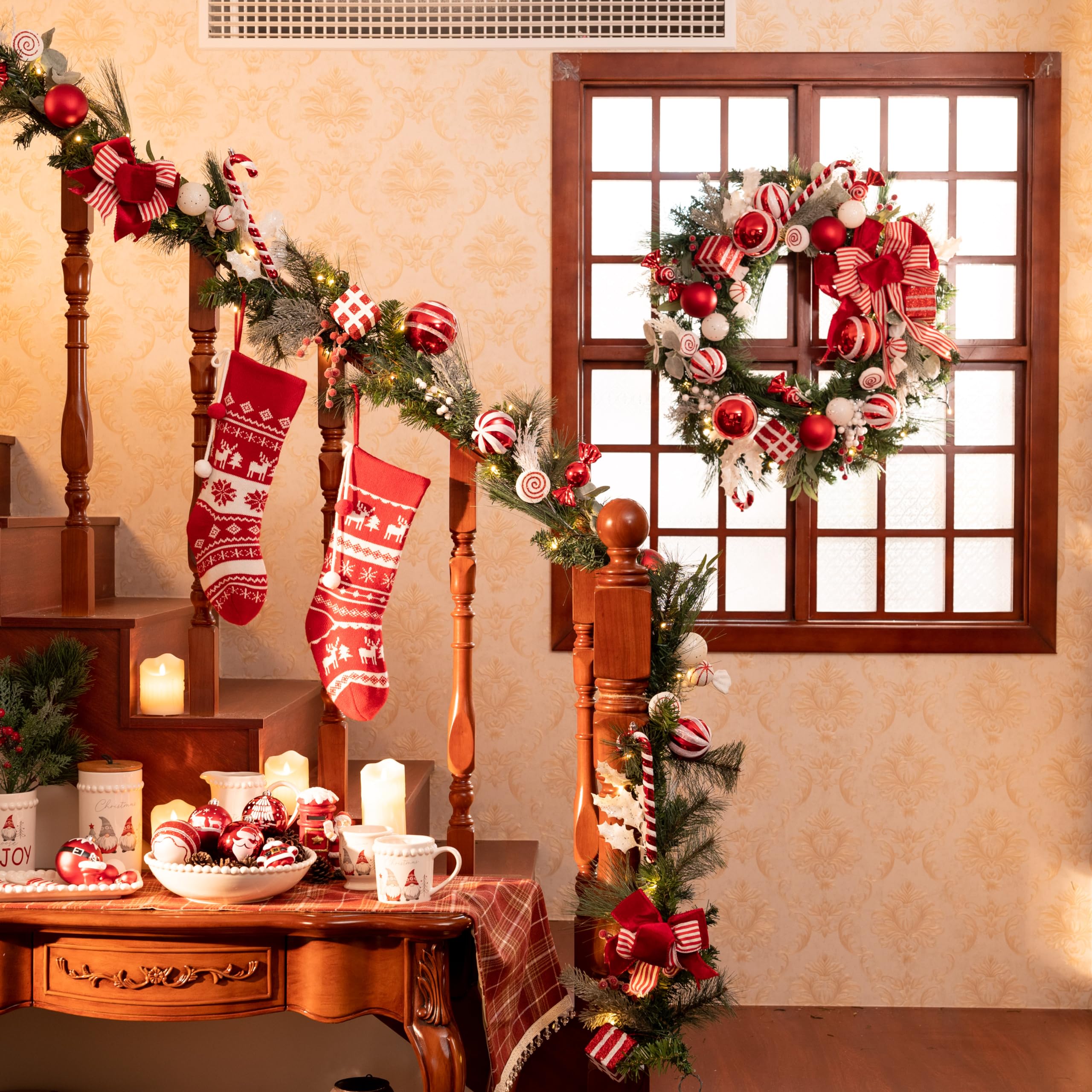 9ft Pre-Lit Christmas Garland with Battery Operated LED Lights - Red & White Candy Cane Decor for Fireplace Mantle, Front Door, Table Centerpiece - Indoor & Outdoor Holiday Decoration