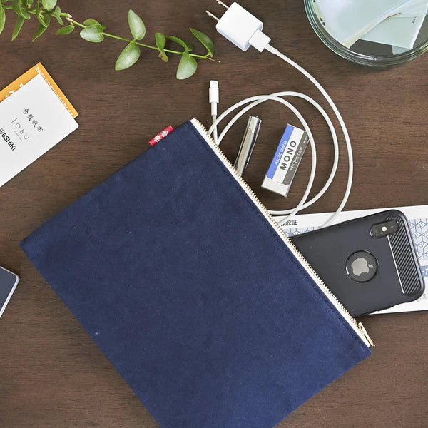 Kurashiki Hampu Canvas Flat Pouch - Premium Japanese Navy Blue L Size Pouch for Travel, Stationery & Everyday Essentials | Durable Cotton Bag for Work, School & Organizing