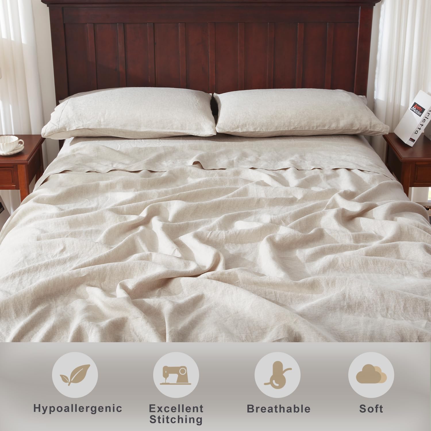 Premium 100% French Flax Linen Sheet Set - 4pc King Size Bedding (1 Flat Sheet, 1 Fitted Sheet, 2 Pillowcases) | Breathable & Eco-Friendly Natural Linen for Luxurious Comfort | Perfect for Hot Sleepers & Allergy Sufferers