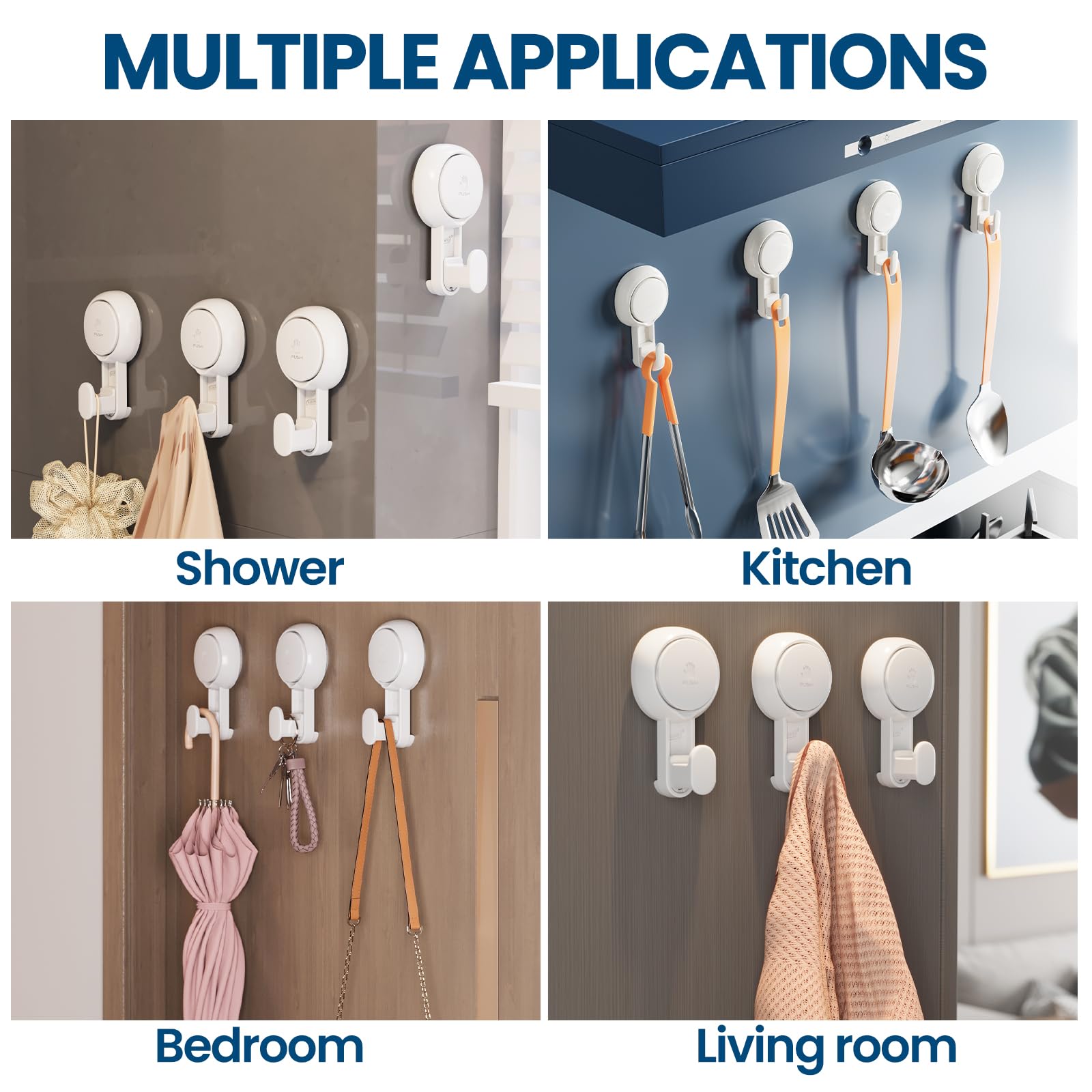 TAILI Damage-Free Suction Towel Hooks for Bathroom & Shower - 4 Pack White Vacuum Suction Cup Hooks for Towels, Loofahs & Clothes - Easy Install/Remove - Perfect for Bathroom Organization & Space Saving