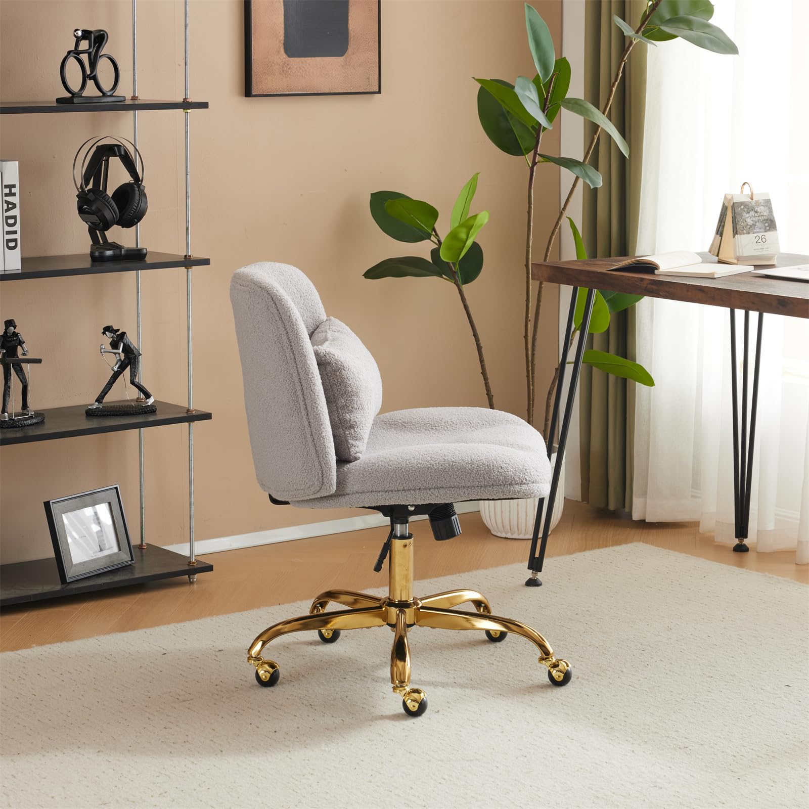 VINGLI Ergonomic Wide Criss Cross Leg Office Chair with Lumbar Pillow - Gold Base Swivel Desk Chair for Home Office & Bedroom, Adjustable Dual-Use Design (Wheels Optional), Soft Teddy Fleece Gray Fabric - Perfect for Long Work Sessions, Gaming & Vanity Makeup Areas