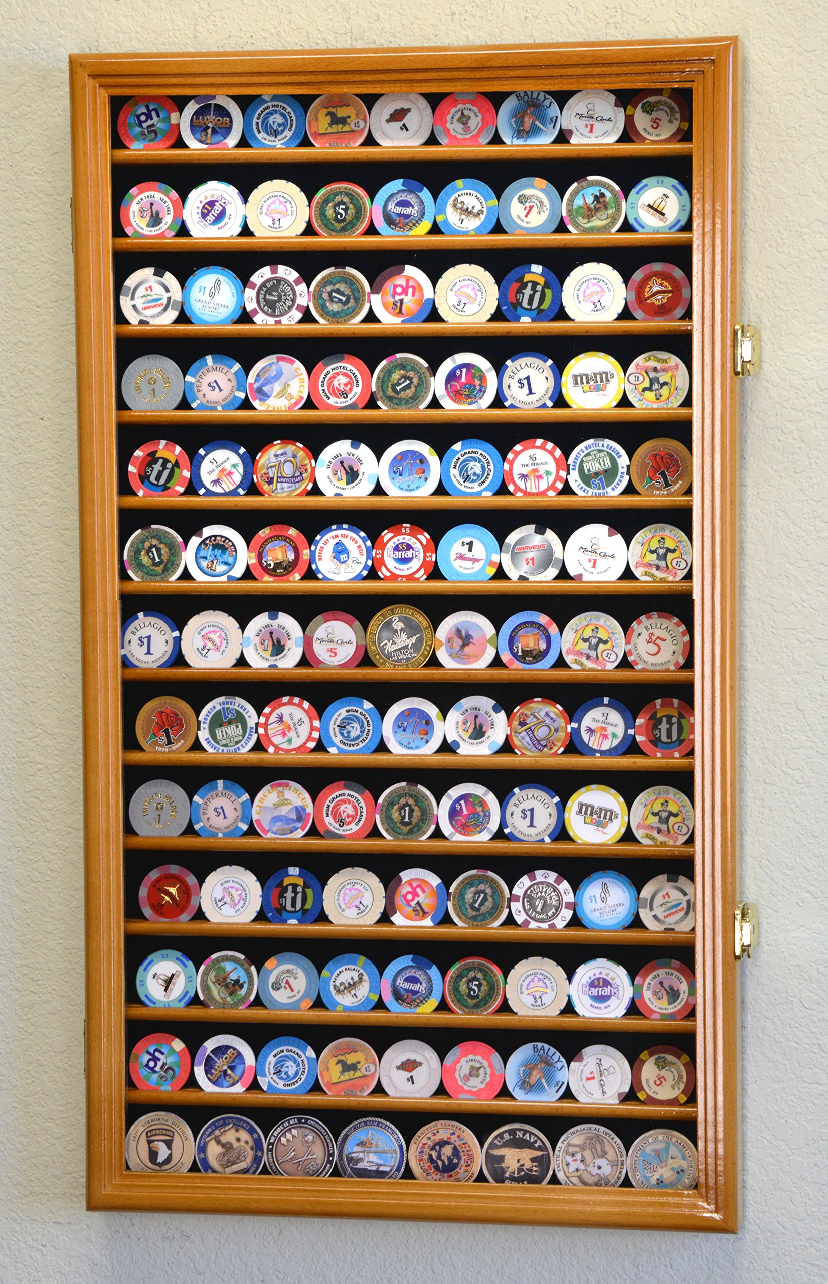 117 L Casino Chip Coin Display Case Cabinet - Lockable Oak Wall Rack with 98% UV Protection for Poker Chips & Collectibles - Perfect for Home Game Rooms, Casinos, and Collector Displays