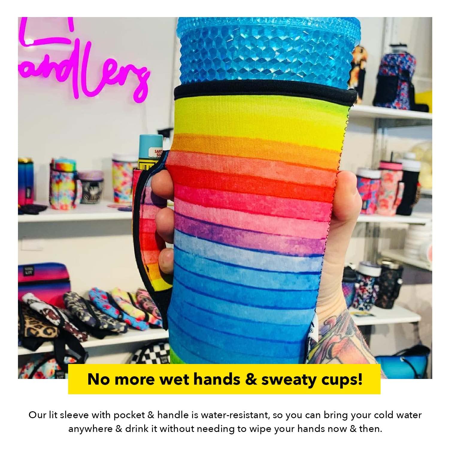 30-38oz Neoprene Tumbler Sleeve with Handle & Pocket - Water Resistant Insulated Drink Cover for Beer, Cans & Ice Shakers - Tie Dye Leopard Print Cup Holder - Perfect for Travel, Gym & Outdoor Activities