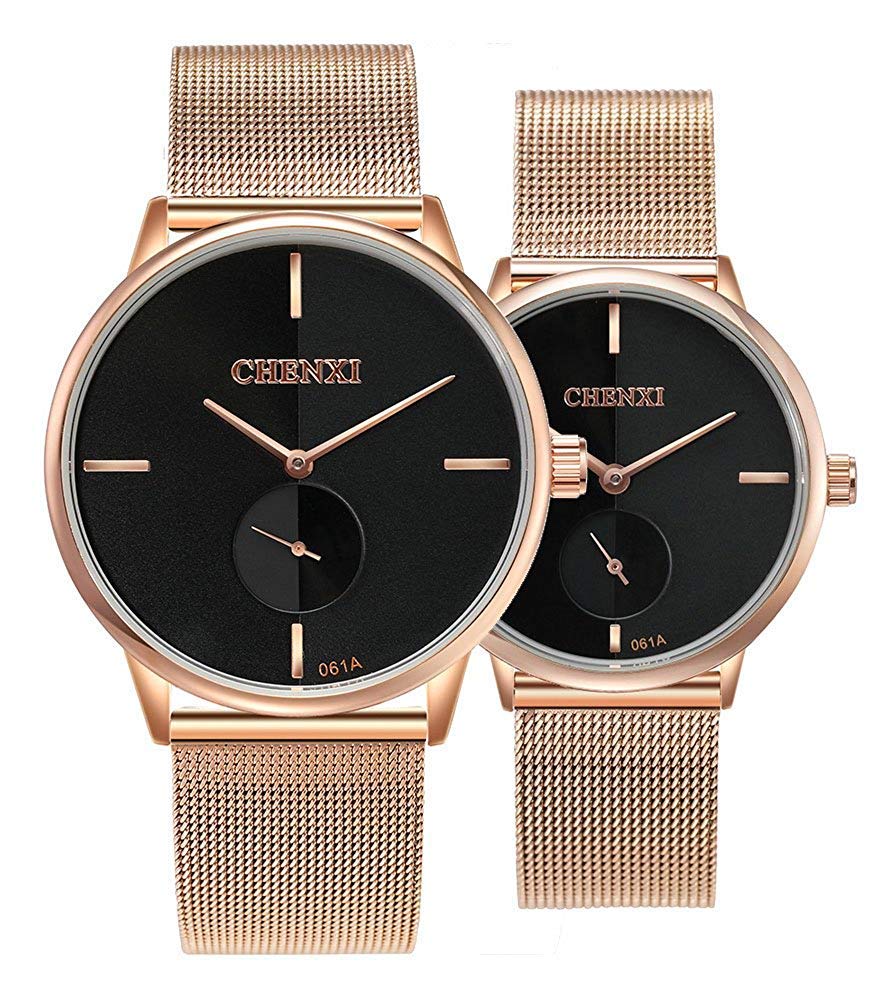 Swiss Couple Watches for Men and Women - Stainless Steel Rose Gold Mesh Strap Fashion Analog Quartz Watch - Perfect for Date Nights, Anniversaries & Everyday Wear