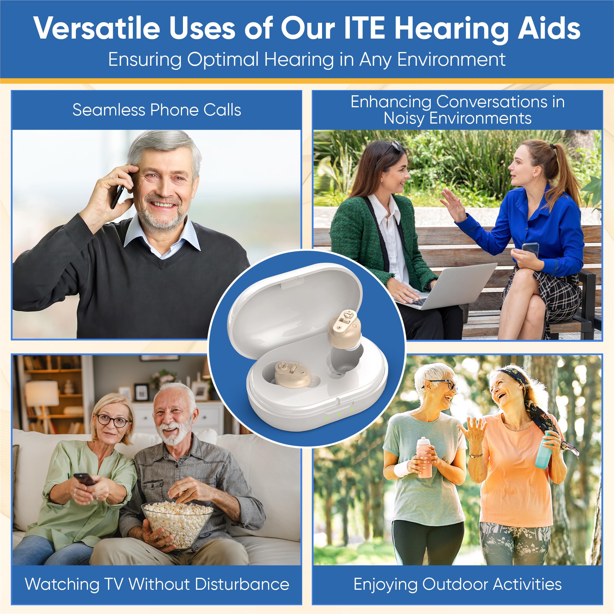 Rechargeable Hearing Aids for Seniors - 2X In-the-Ear (ITE) Amplifier with Noise Reduction, Discreet Skin-Tone Design & Long Battery Life - Perfect for TV Watching, Conversations & Outdoor Activities