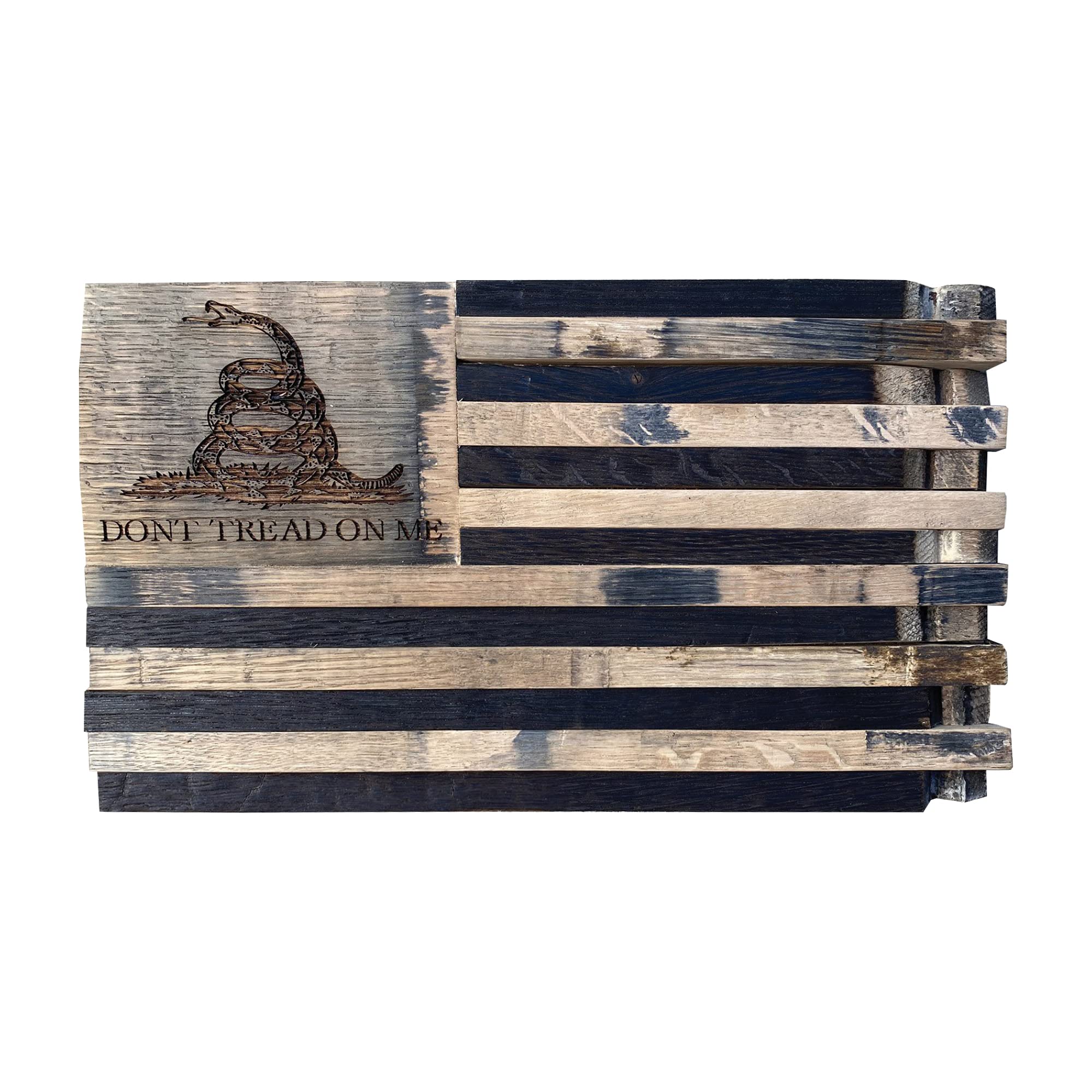 Handmade Bourbon Barrel Stave Gadsden Flag Display - American Made Wooden Wall Decor - Perfect for Home, Office, or Man Cave Decorating