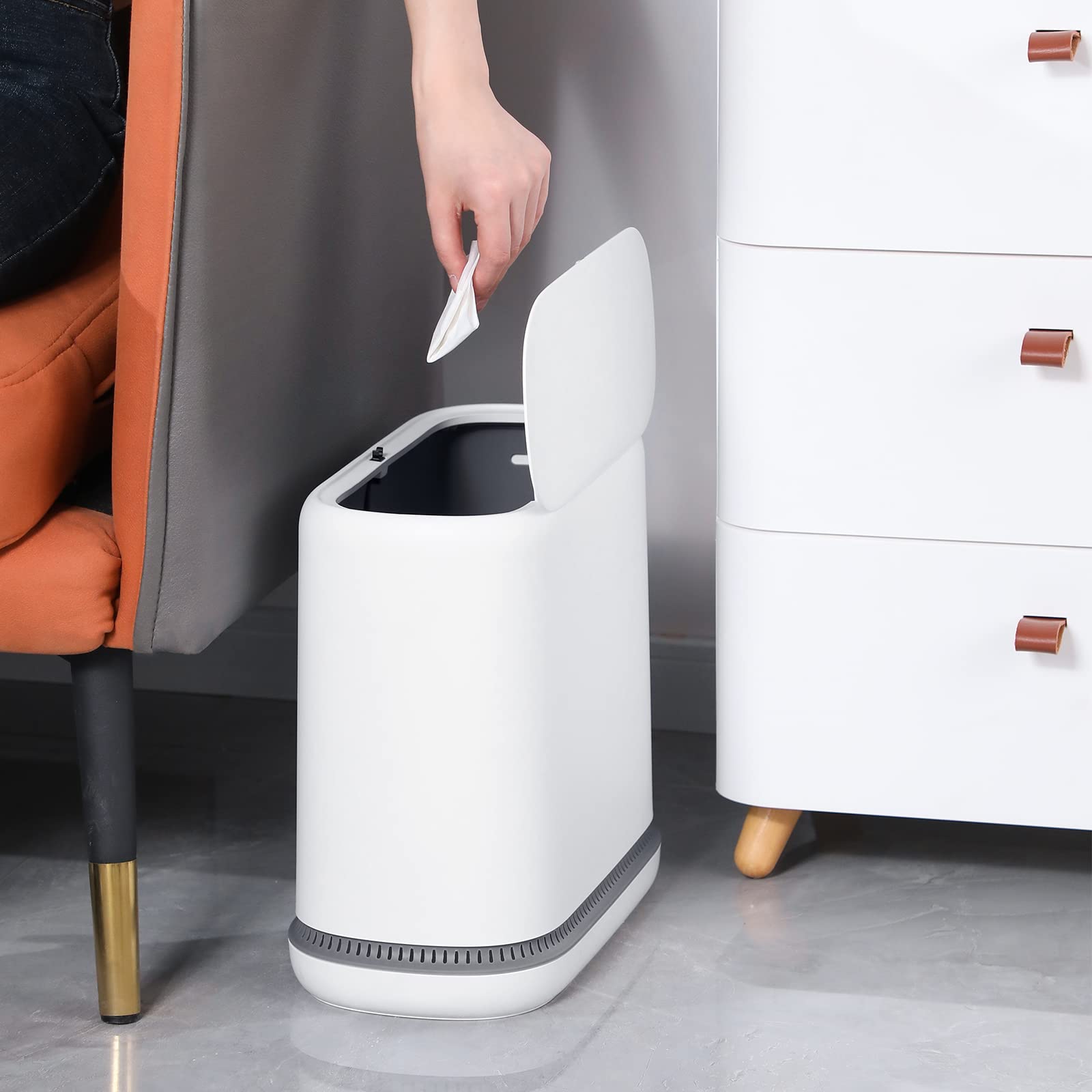 JOYBOS 15L Slim Plastic Trash Can with Press Type Lid - Dogproof Narrow Garbage Bin for Bathroom, Bedroom, Office & Small Spaces (4 Gallon) - Ideal for Tight Corners, Pet-Friendly Homes & Modern Décor