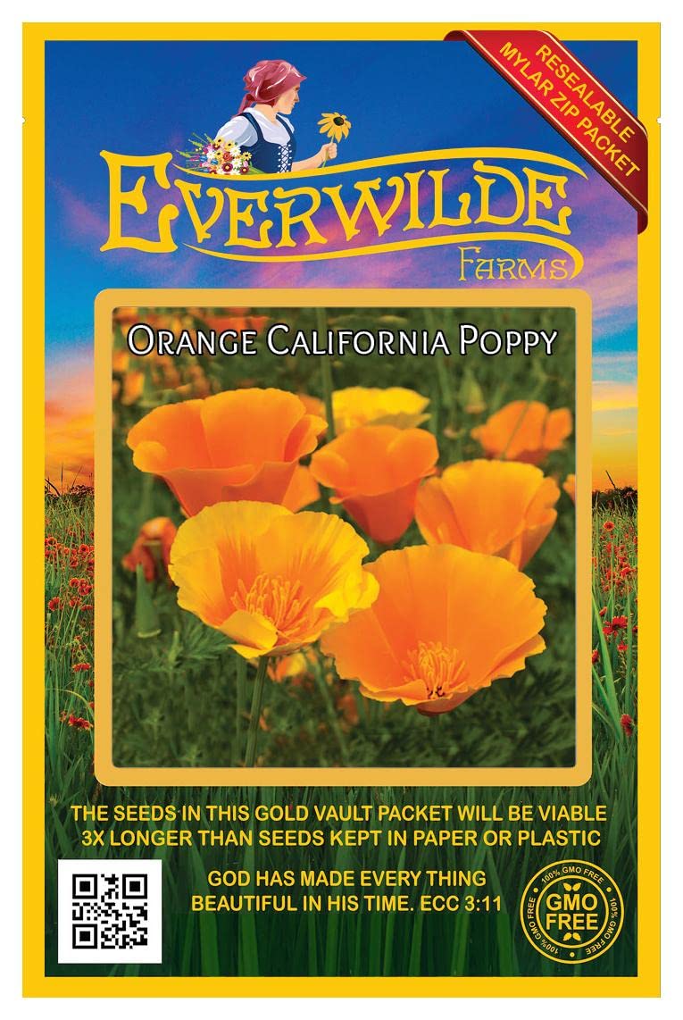Everwilde Farms - 1000 Orange California Poppy Native Wildflower Seeds - Gold Vault Jumbo Seed Packet for Gardening, Landscaping & Pollinator Gardens
