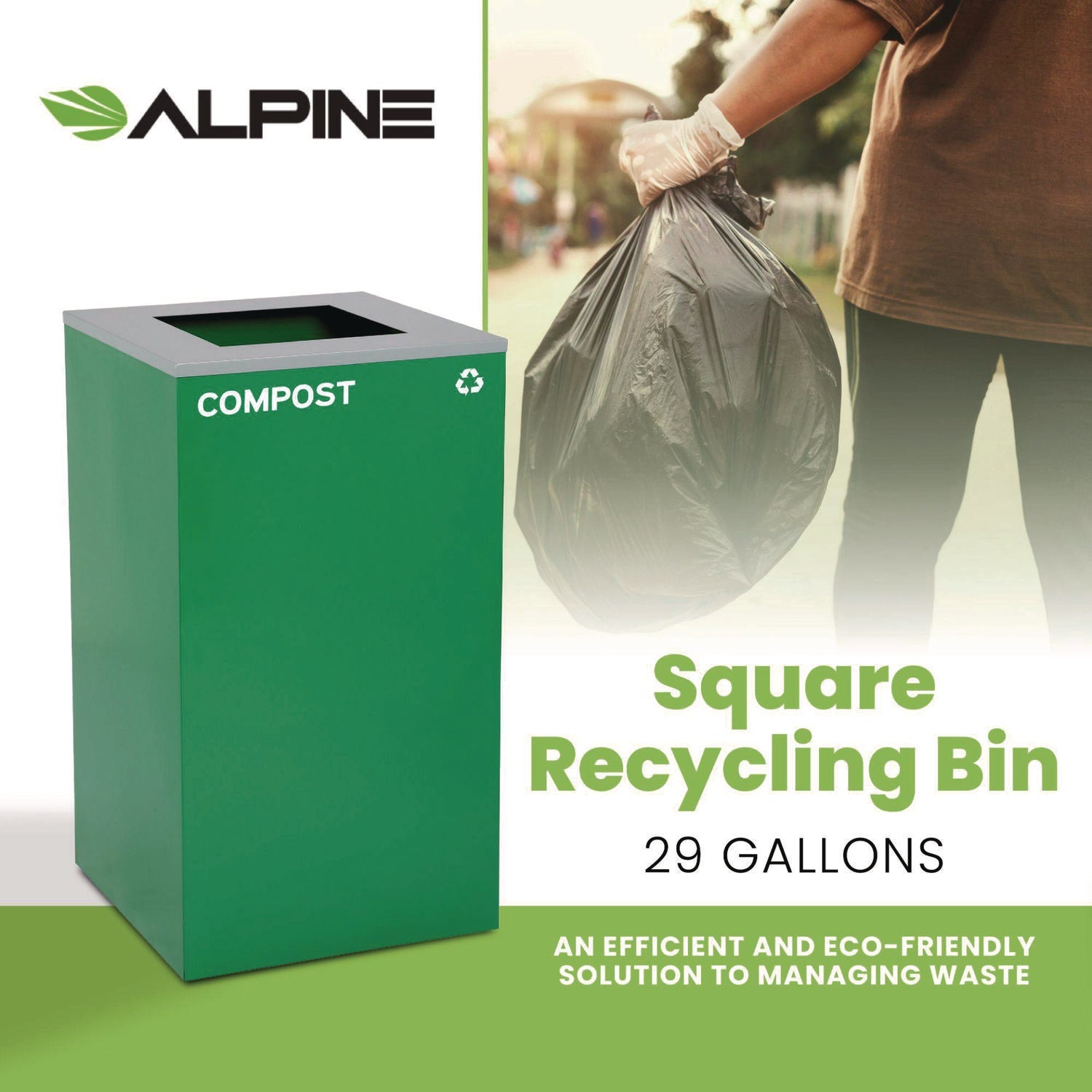 Alpine Industries 29 Gallon Steel Trash Can & Recycling Bin - Green Compost Waste Container with Square Lid for Kitchen, Office & Outdoor Use