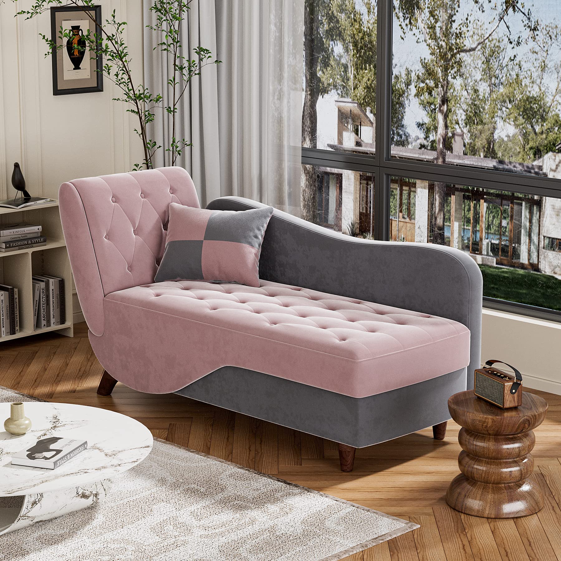 OUYESSIR Velvet Upholstered Adjustable Recliner Chaise Lounge Chair with Storage & Pillow - Pink Modern Living Room Sofa for Bedroom, Office & Lounge | Perfect for Relaxing, Reading & Small Space Decor