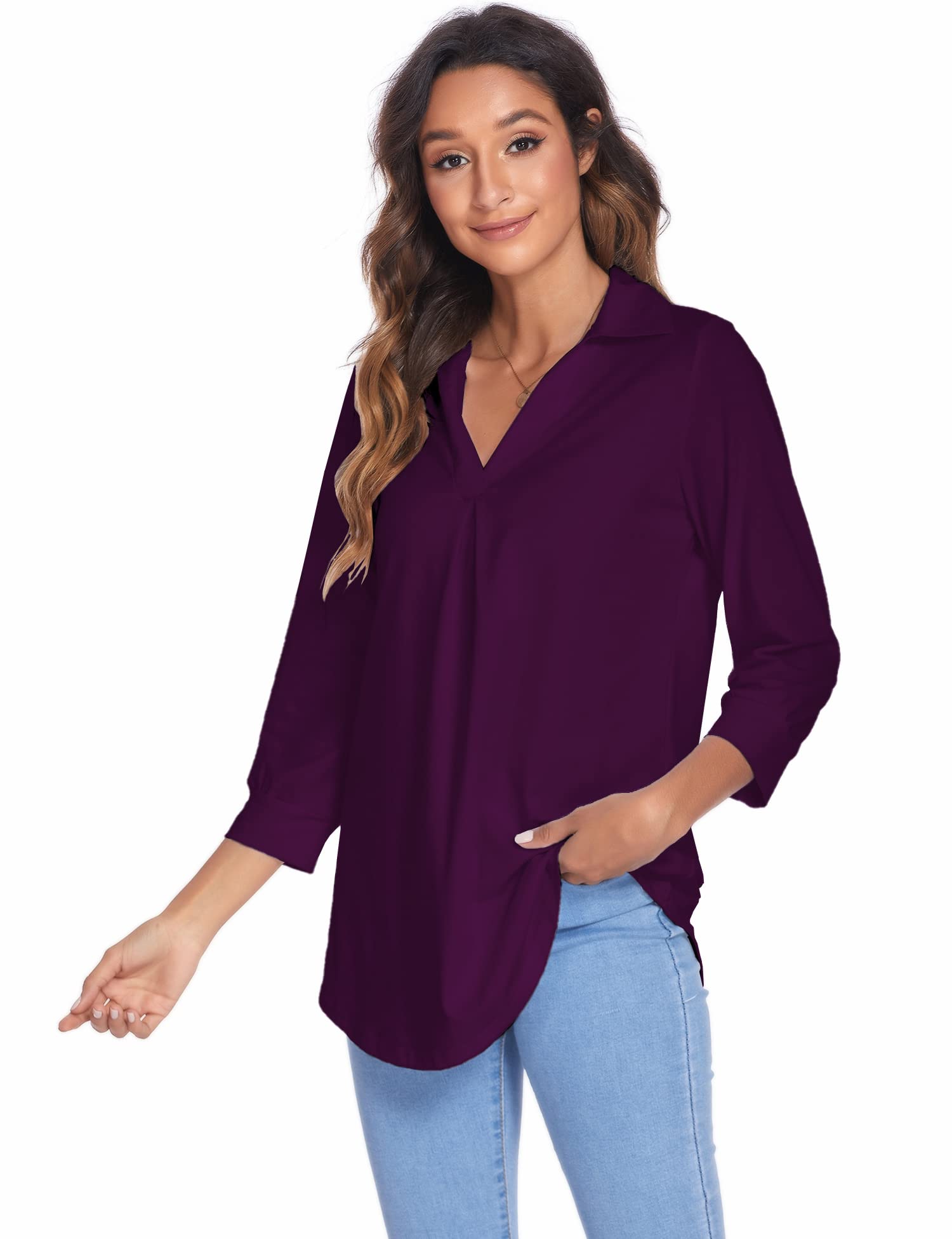 Newchoice Women's Collared V-Neck 3/4 Sleeve Blouse - Business Casual Tops, Loose Fit Work Shirts (S-3XL) - Perfect for Office, Meetings & Professional Events