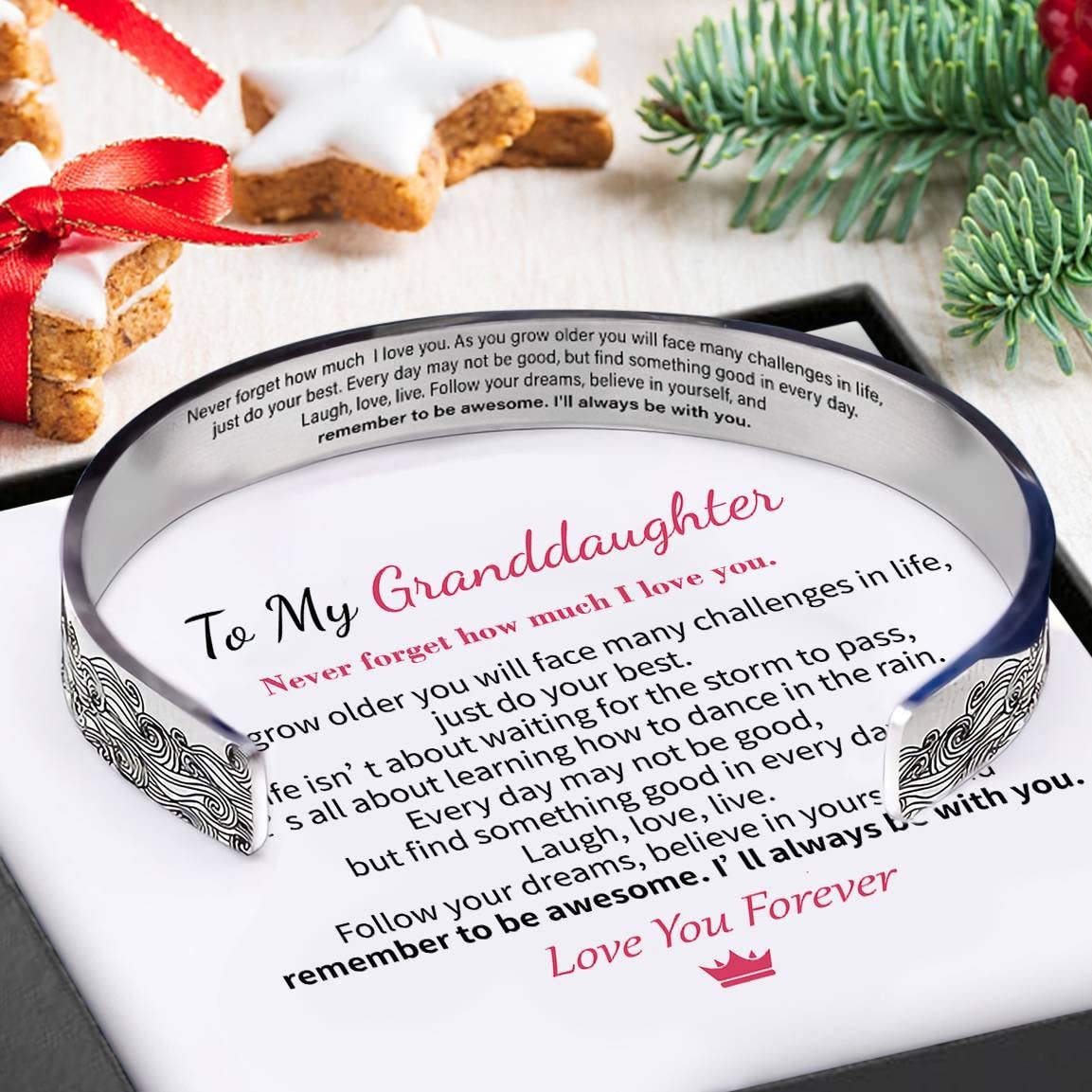 To My Granddaughter Cuff Bracelet - I Will Always Be with You - Inspirational Engraved Silver Bracelet for Women - Thoughtful Gift with Sweet Message - Perfect for Birthdays, Graduation & Special Occasions
