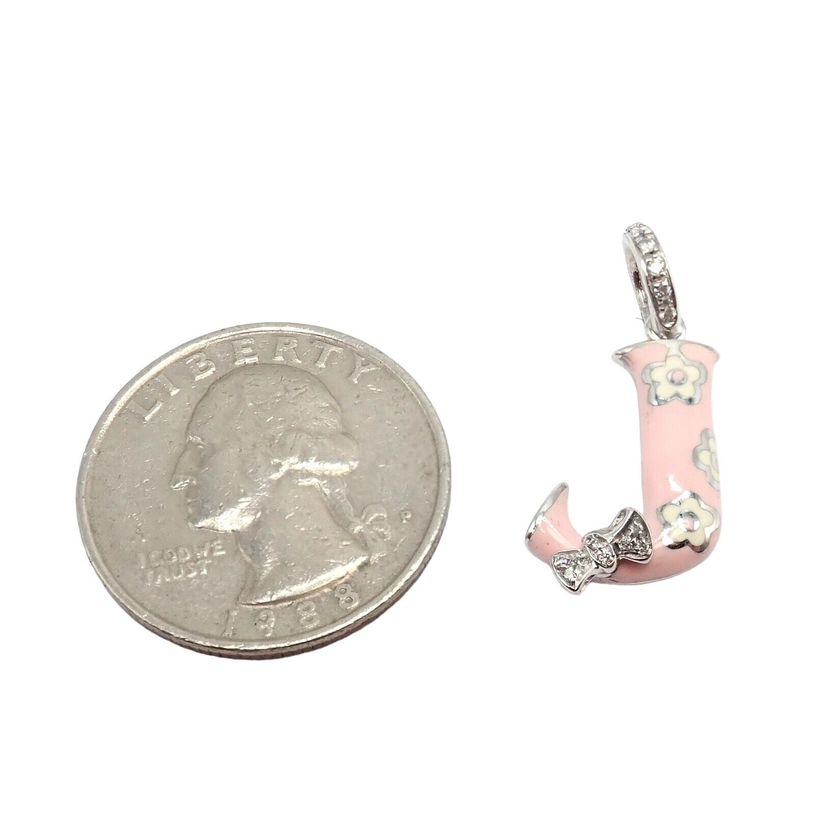 Aaron Basha 18K White Gold Diamond Pink Enamel Baby J Initial Charm Pendant - Elegant Personalized Jewelry Gift for Newborns, Christening & Baby Showers