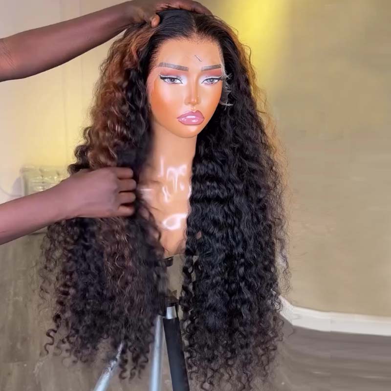 Eullair Honey Blonde Highlights Deep Curly Human Hair Lace Front Wig - Pre Plucked Glueless HD Lace Wigs for Black Women | Natural Look for Daily Wear, Parties & Special Occasions