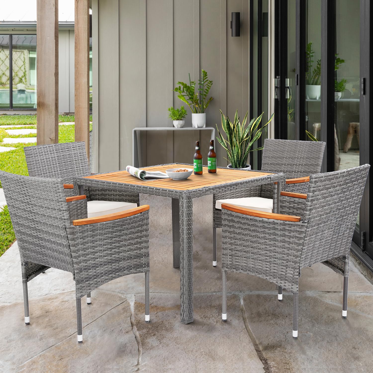 5-Piece Outdoor Patio Dining Set for 4 - Acacia Wood Table & Wicker Chairs - Grey Patio Furniture Set for Yard, Deck, Gazebo | Perfect for Backyard BBQs, Garden Parties & Outdoor Entertaining