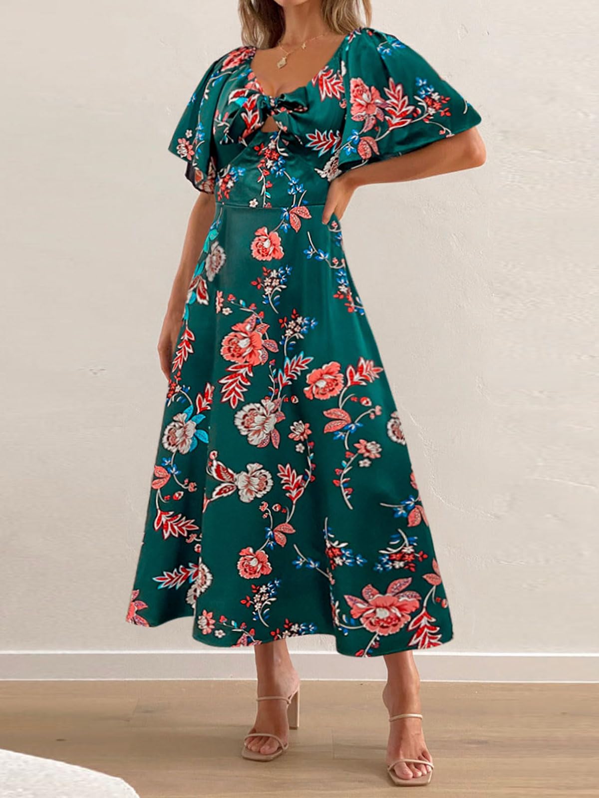 Fashionme Women's Summer Maxi Dress 2025 - Elegant Deep V Neck, Bow Tie Front, Cap Sleeve Floral Satin Smocked Dress for Beach, Wedding & Special Occasions