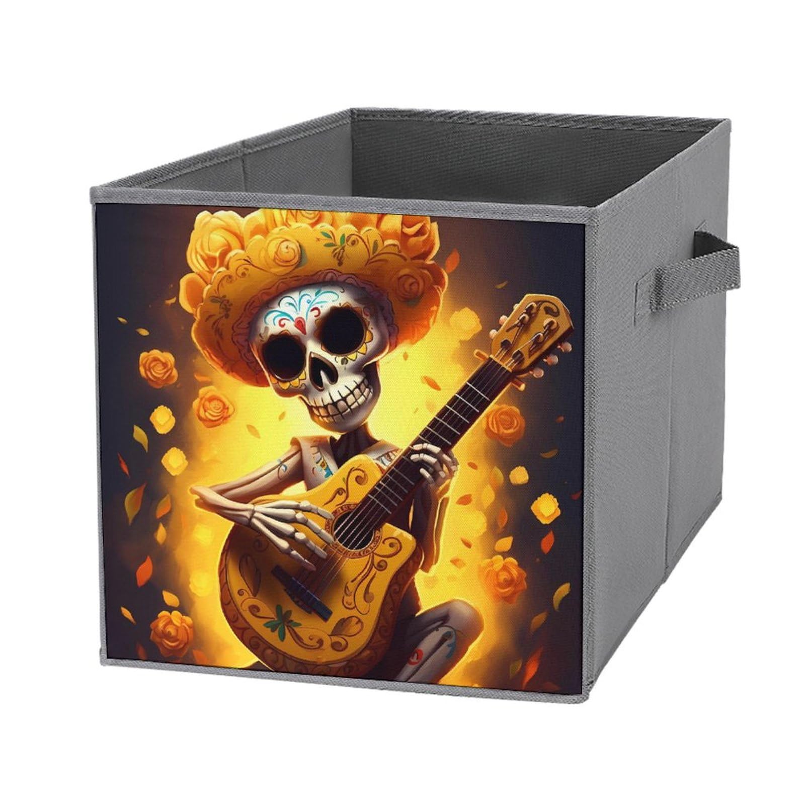 Funny Skull Playing Guitar Yellow Flower Foldable Storage Cube Organizer with Handles - Square Storage Basket for Home, Office & Kids Room Organization (1 Pack) - Perfect for Toys, Books & Clothes Storage