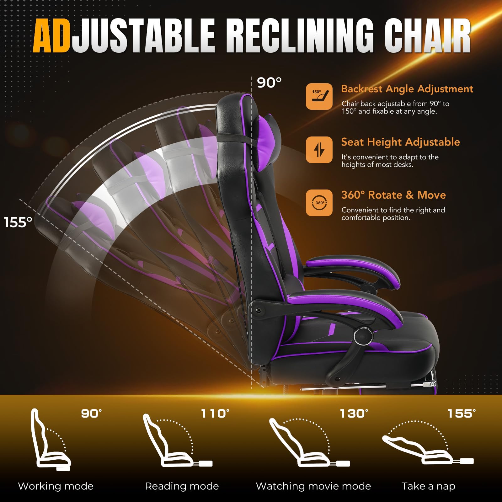 Premium Gaming Chair with Footrest - 350Lb Heavy Duty Ergonomic Computer Chair for Adults, High Back Swivel Office Chair with Lumbar Support & Recliner (Purple) - Perfect for Esports, Streaming & Home Office Setup