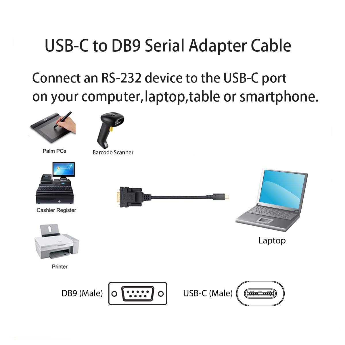 USB to DB9 RS232 Serial Adapter Cable with FT232RL Chip - 6ft High-Speed Data Transfer for Win10/8/7/XP/Android/Mac/Linux/Vista - Perfect for Industrial Equipment, POS Systems, and Legacy Device Connectivity (Type C to DB9)